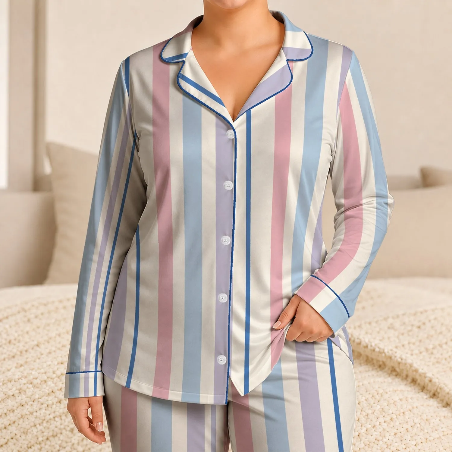 Pastel Vertical Stripes for Cozy Evenings and Relaxed Weekend Lounging Satin Pajamas Set - 1