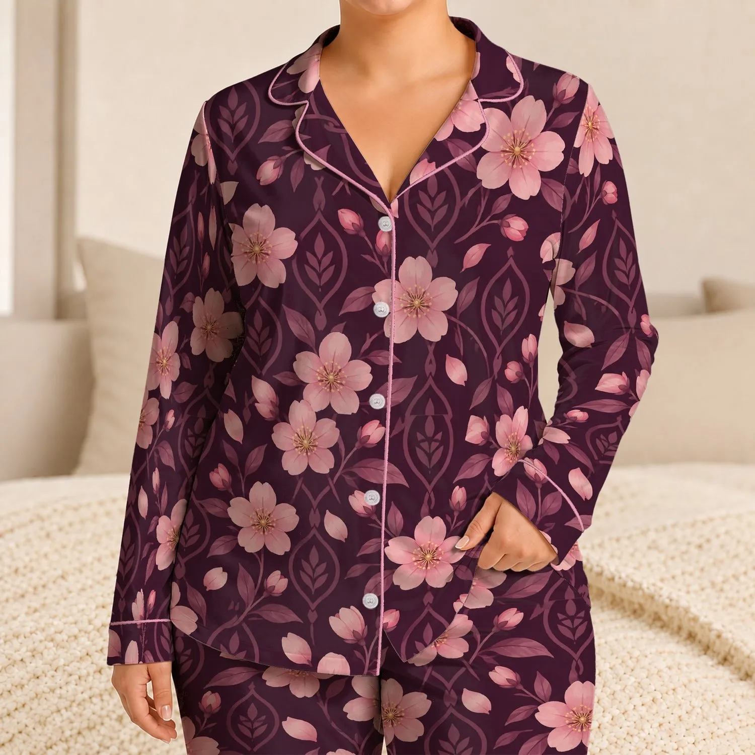 Pink Cherry Blossoms And Art Deco Vines For Cozy Spring Evenings At Home, Women Satin Pajamas Set - 1