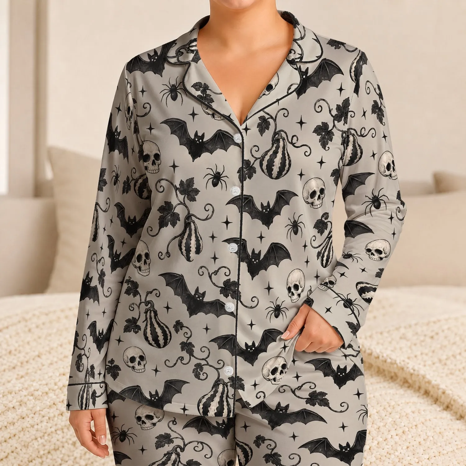 Halloween Bats, Skulls and Gourds for Cozy Spooky Season Evenings Satin Pajamas Set - 1