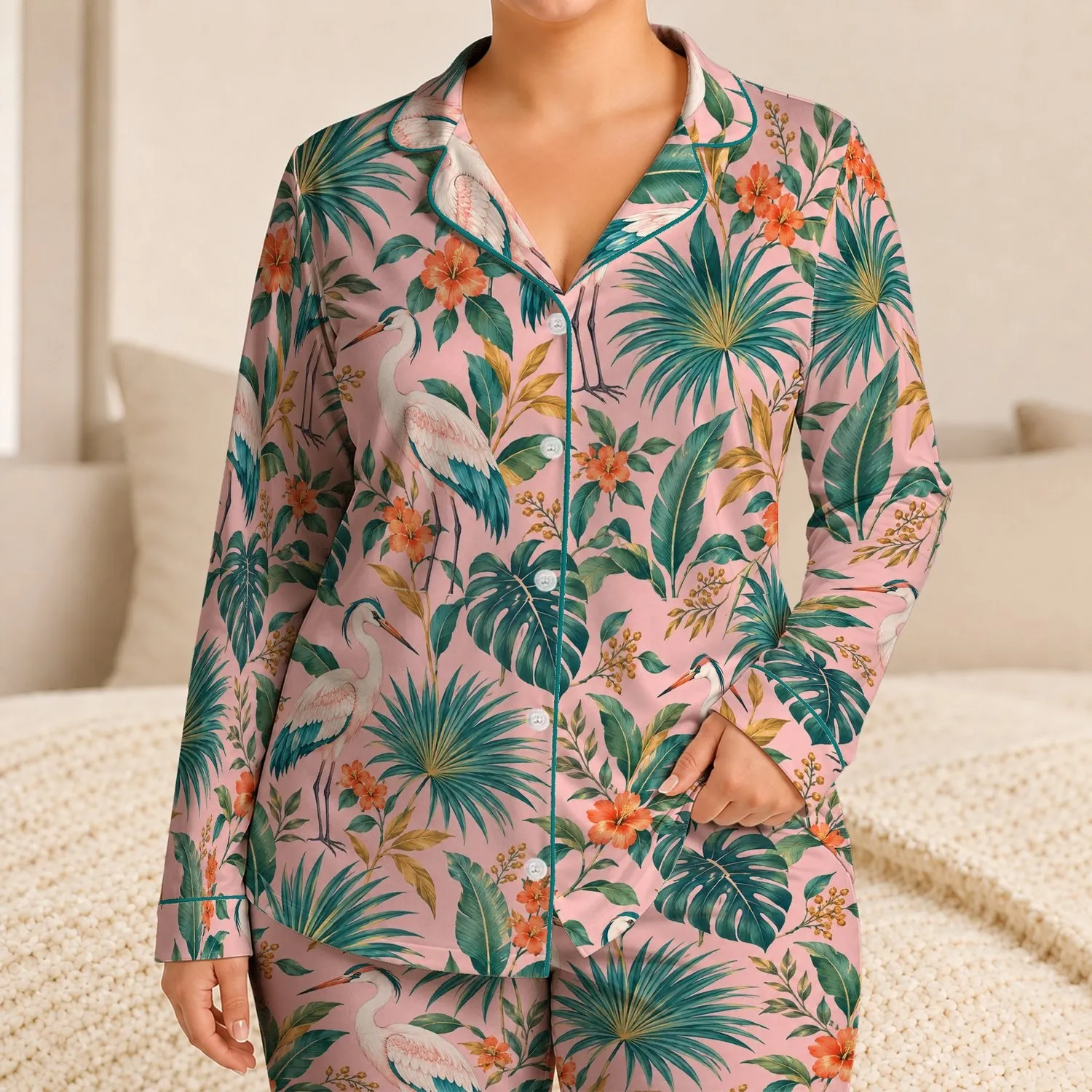 Tropical Crane and Palm Garden for a Relaxing Coastal Getaway Satin Pajamas Set - 1