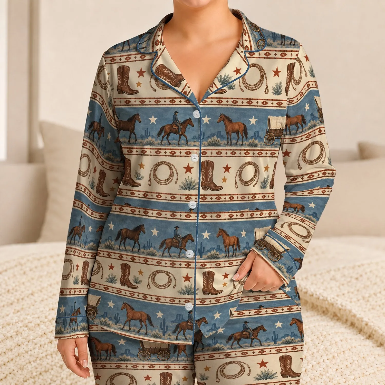 Vintage Western Cowboy Horses and Boots for Cozy Country Nights and Ranch Living Satin Pajamas Set - 1
