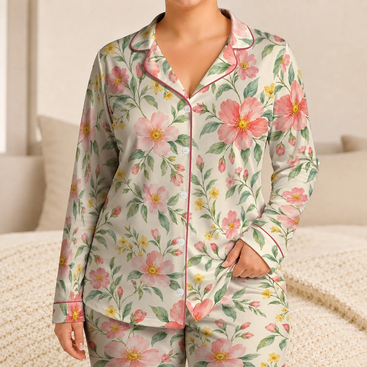 Watercolor Pink Blossoms for Cozy Spring Evenings and Relaxed Home Days, Gift for Her Satin Pajamas Set - 1