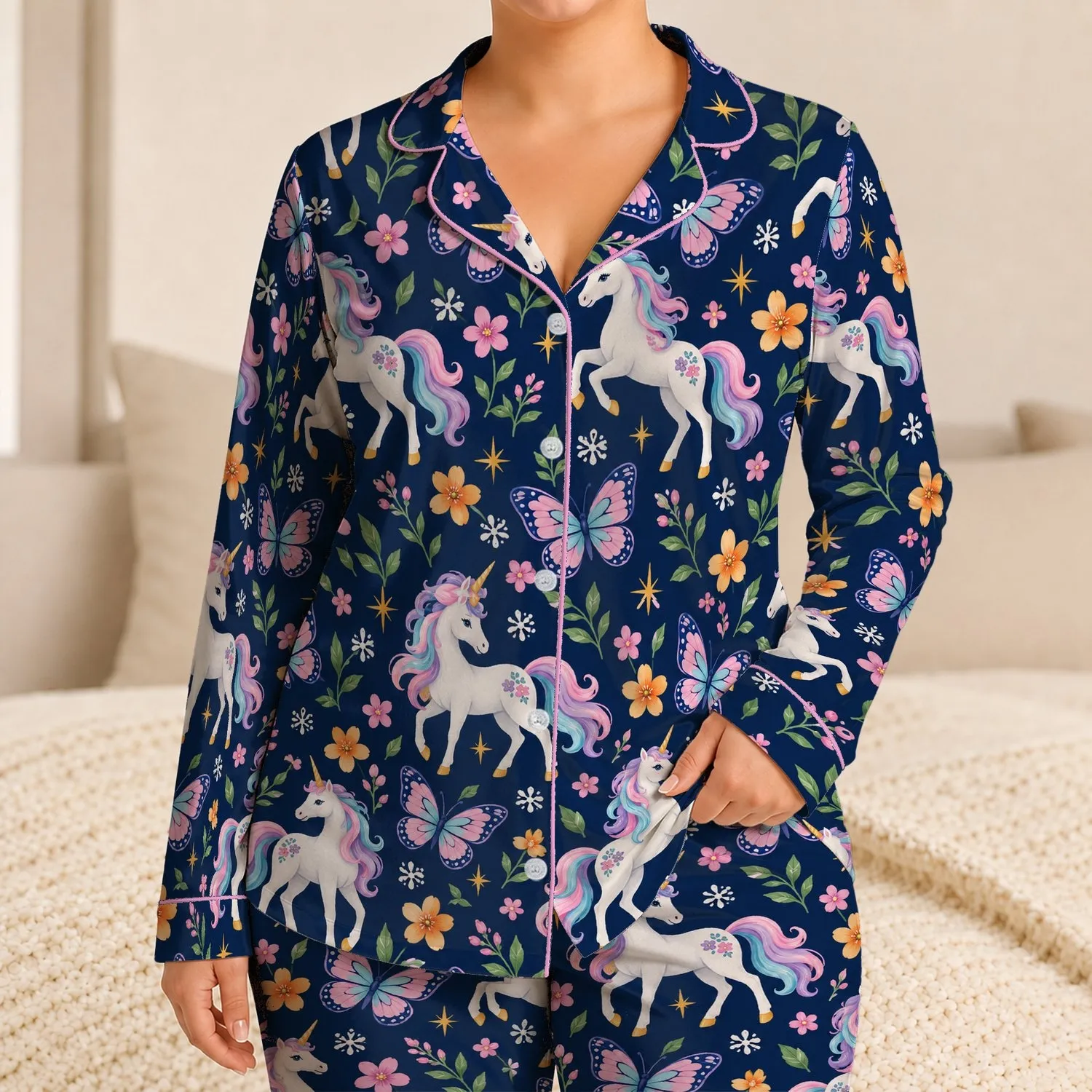 Whimsical Unicorns And Butterflies For Cozy Bedtime Magic And Dreamy Nights For Women Satin Pajamas Set - 1