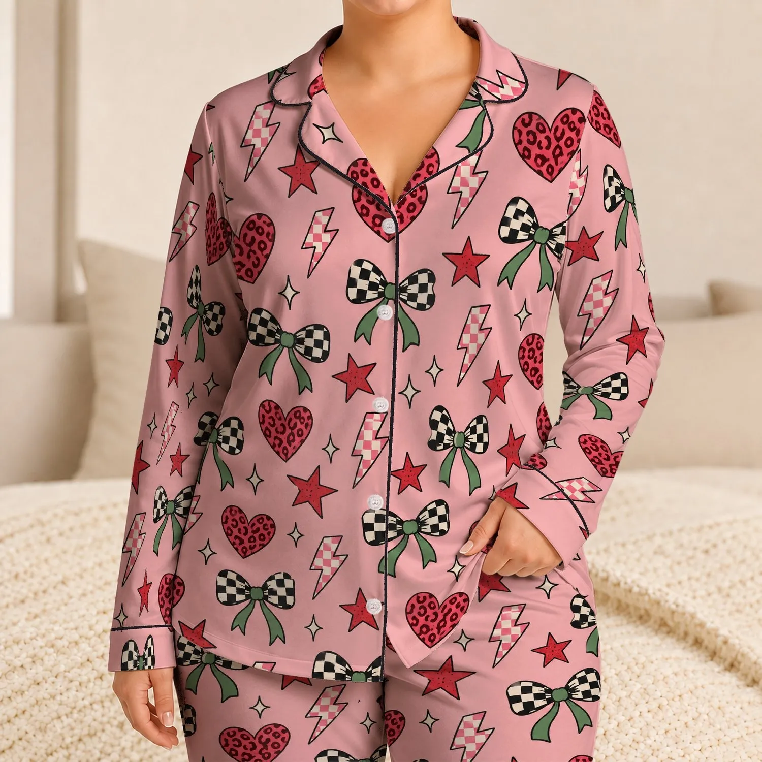Y2K Leopard Heart And Checkerboard Bow Sleepover Lounge Style For Women And Teens Satin Pajamas Set - 1