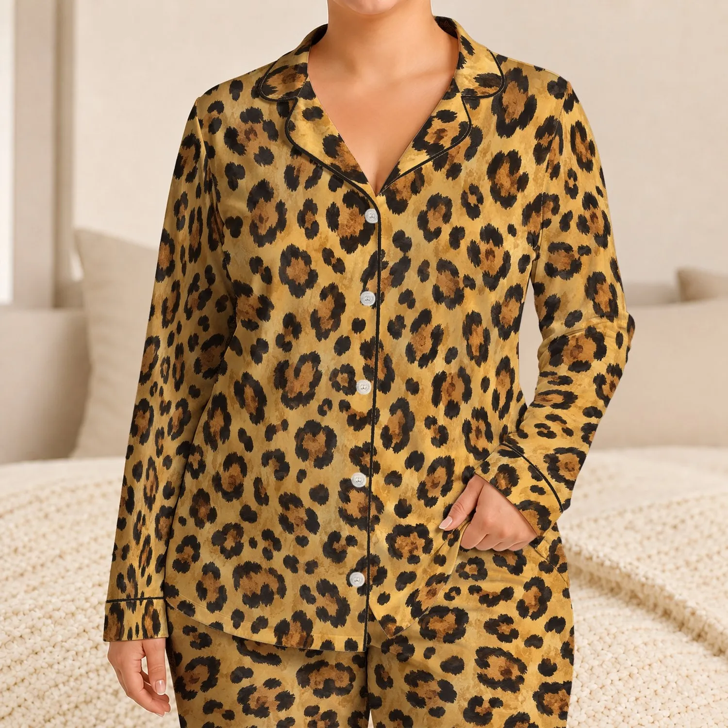Golden Leopard Spots for Cozy Lounging and Relaxed At-Home Style Satin Pajamas Set - 1