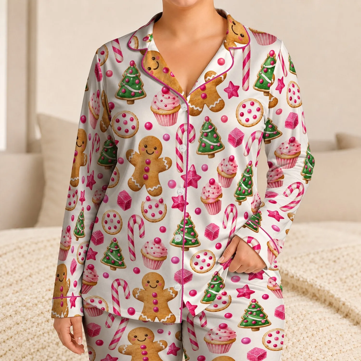 Fuchsia Gingerbread Cookies and Candy Canes for Cozy Christmas Celebrations at Home Satin Pajamas Set - 1
