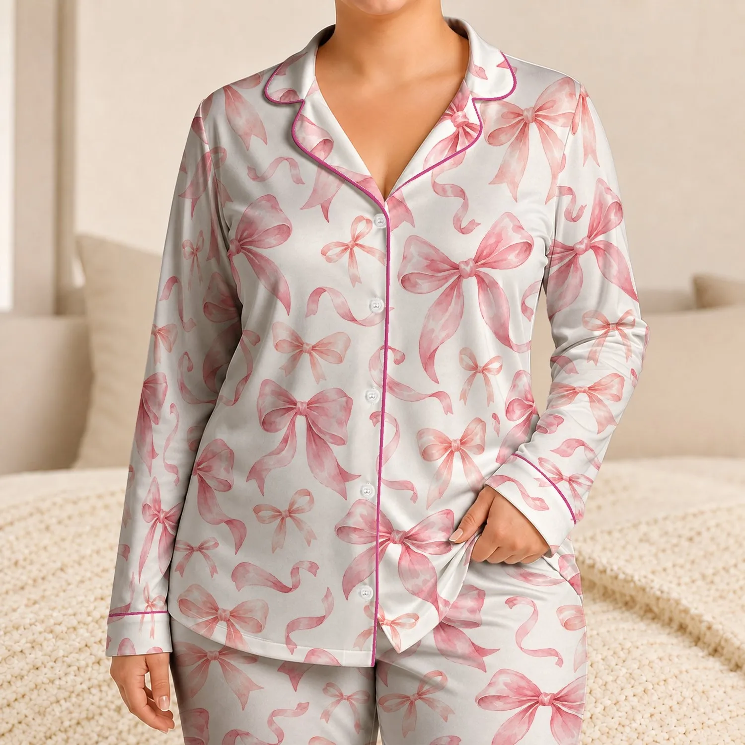 Watercolor Pink Bows for Cozy Nights and Romantic Getaway Lounging Satin Pajamas Set - 1