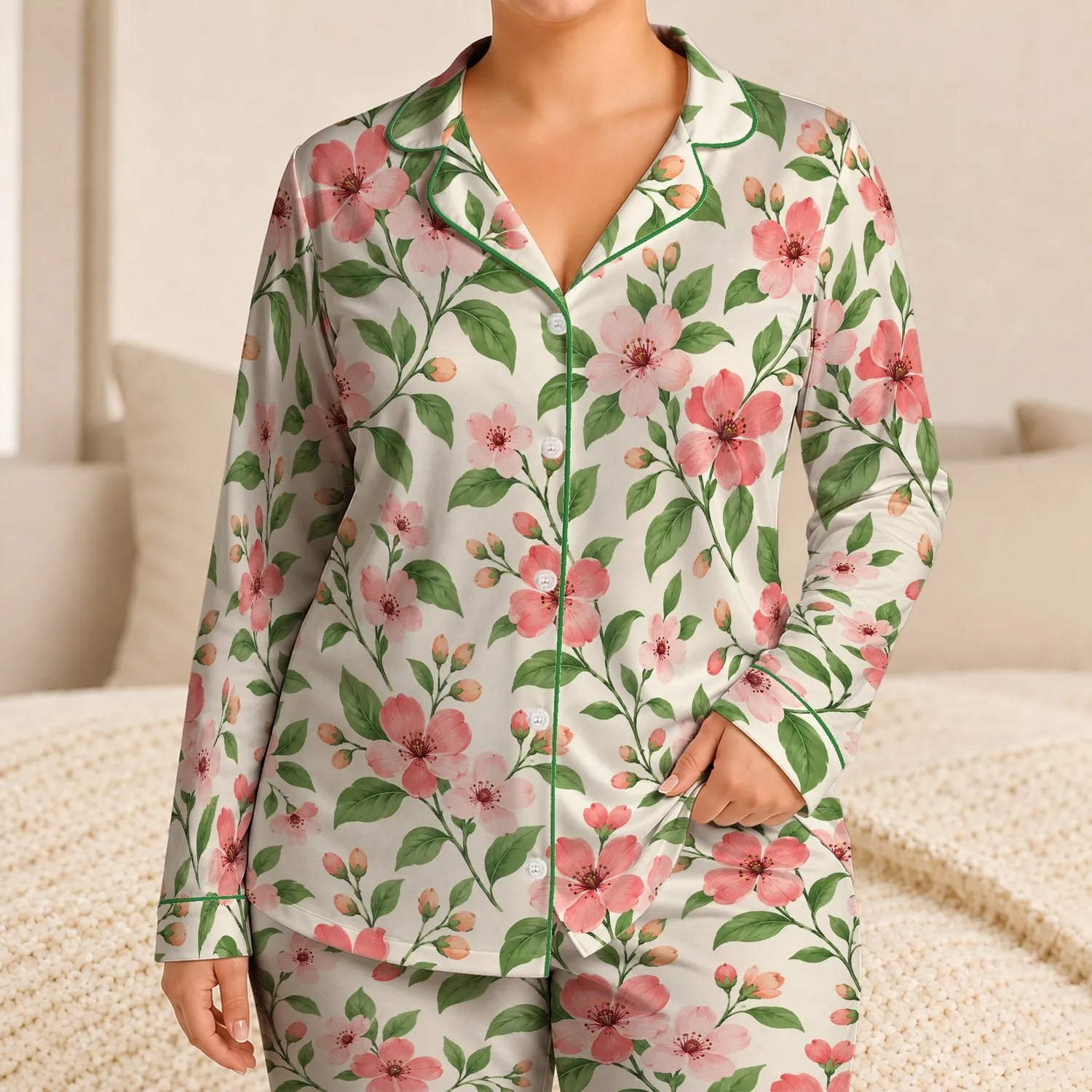 Blush Blossoms And Fresh Green Vines For Cozy Springtime Lounging At Home For Her Satin Pajamas Set - 1MS33I9BIG