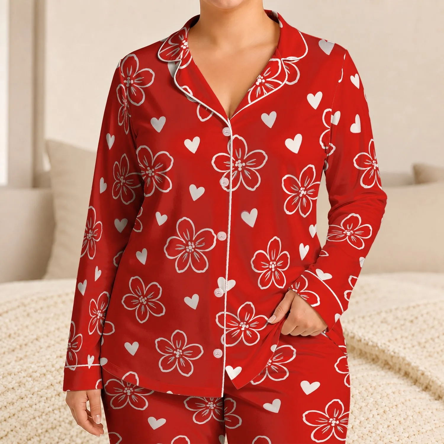 White Heart And Flower Motifs For Cozy Romantic Evenings And Sweet Gift Giving Satin Pajamas Set - 1