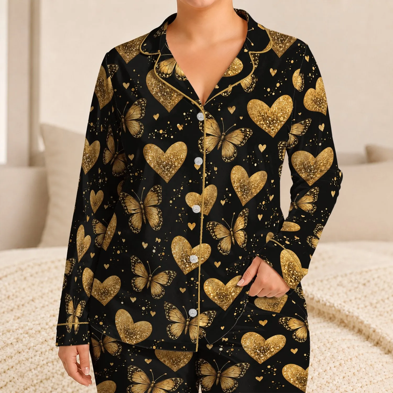Golden Hearts and Butterflies for Cozy Springtime Relaxing at Home for Women Daily Satin Pajamas Set - rtk7ct6h8i