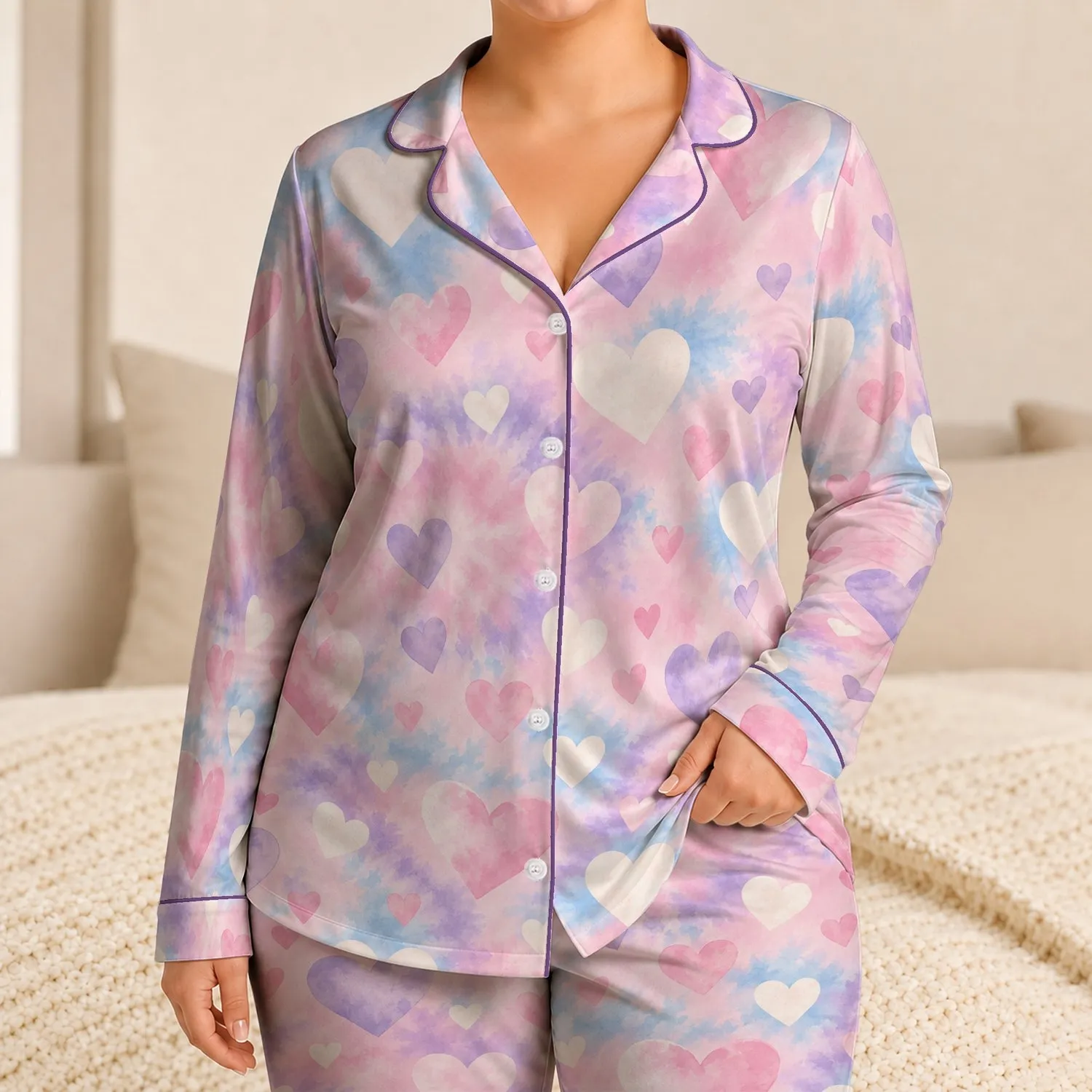 Pastel Tie Dye Hearts for Cozy Nights and Sweet Lounging Satin Pajamas Set - 1