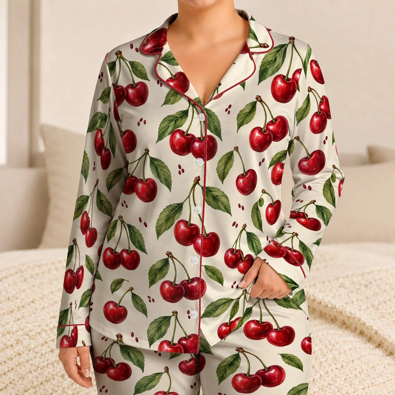 Glossy Red Cherries and Green Leaves for Cozy Weekend Lounging and Relaxed Home Days Satin Pajamas Set - 1