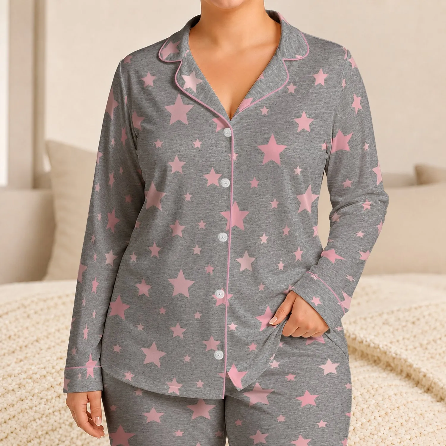 Heather Grey and Blush Pink Stars for Cozy Bedtime Lounging and Sweet Gift Giving for Her Satin Pajamas Set - 1