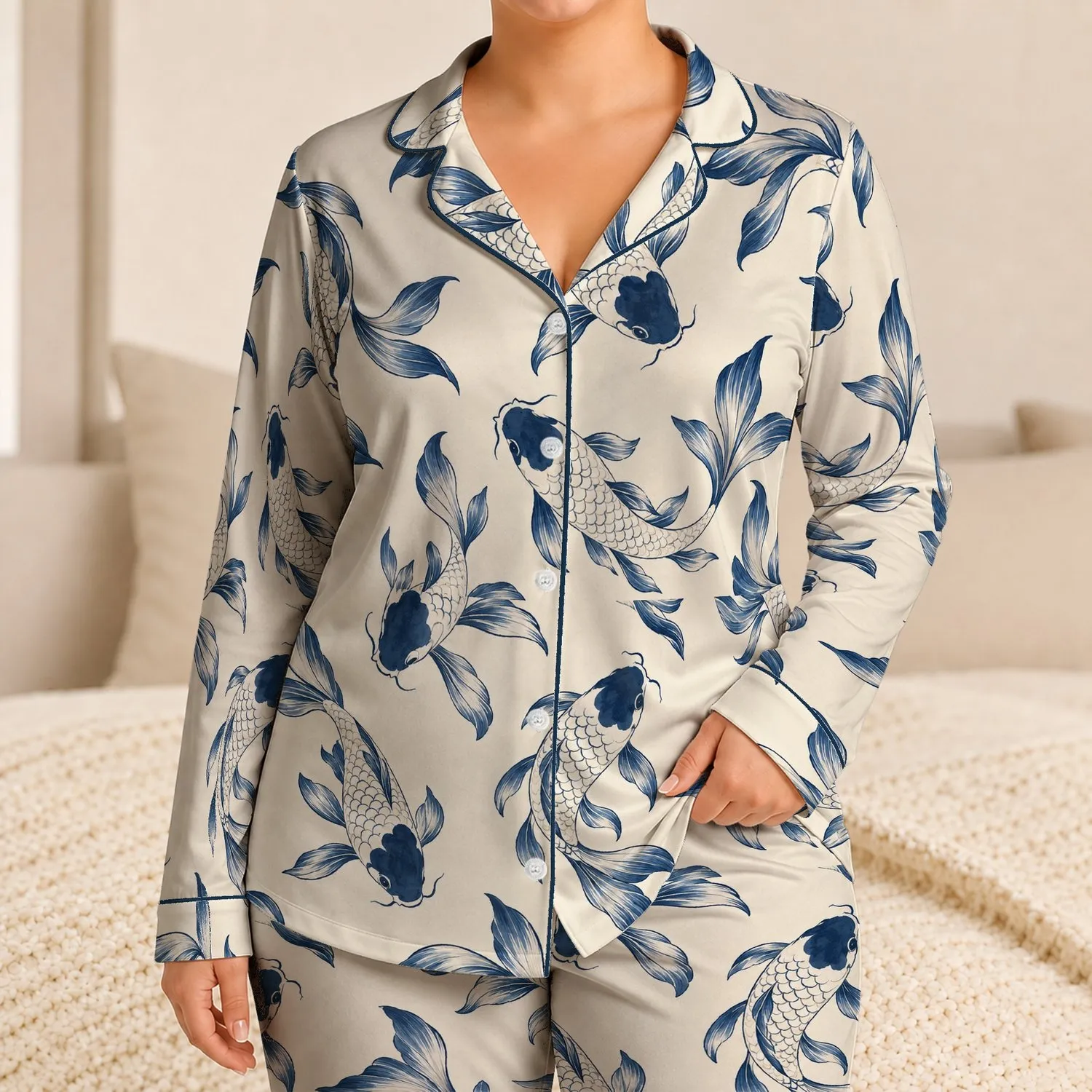 Navy Koi Fish And Ivory Waterscape For Calm Everyday Lounging And Gifting Satin Pajamas Set - 1