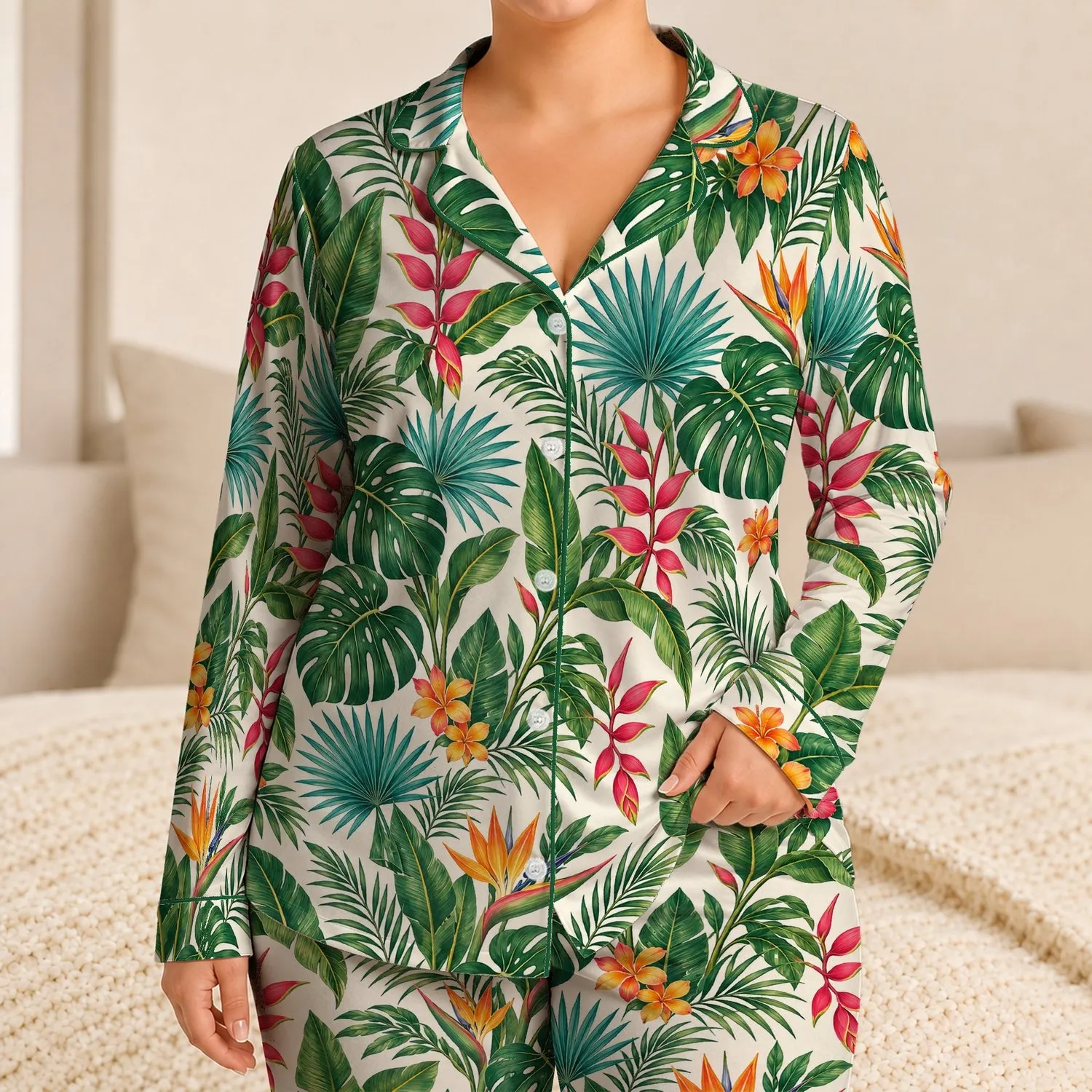 Tropical Monstera Leaves And Bright Bird Of Paradise Blooms For Relaxed Resort Lounging Satin Pajamas Set - 1