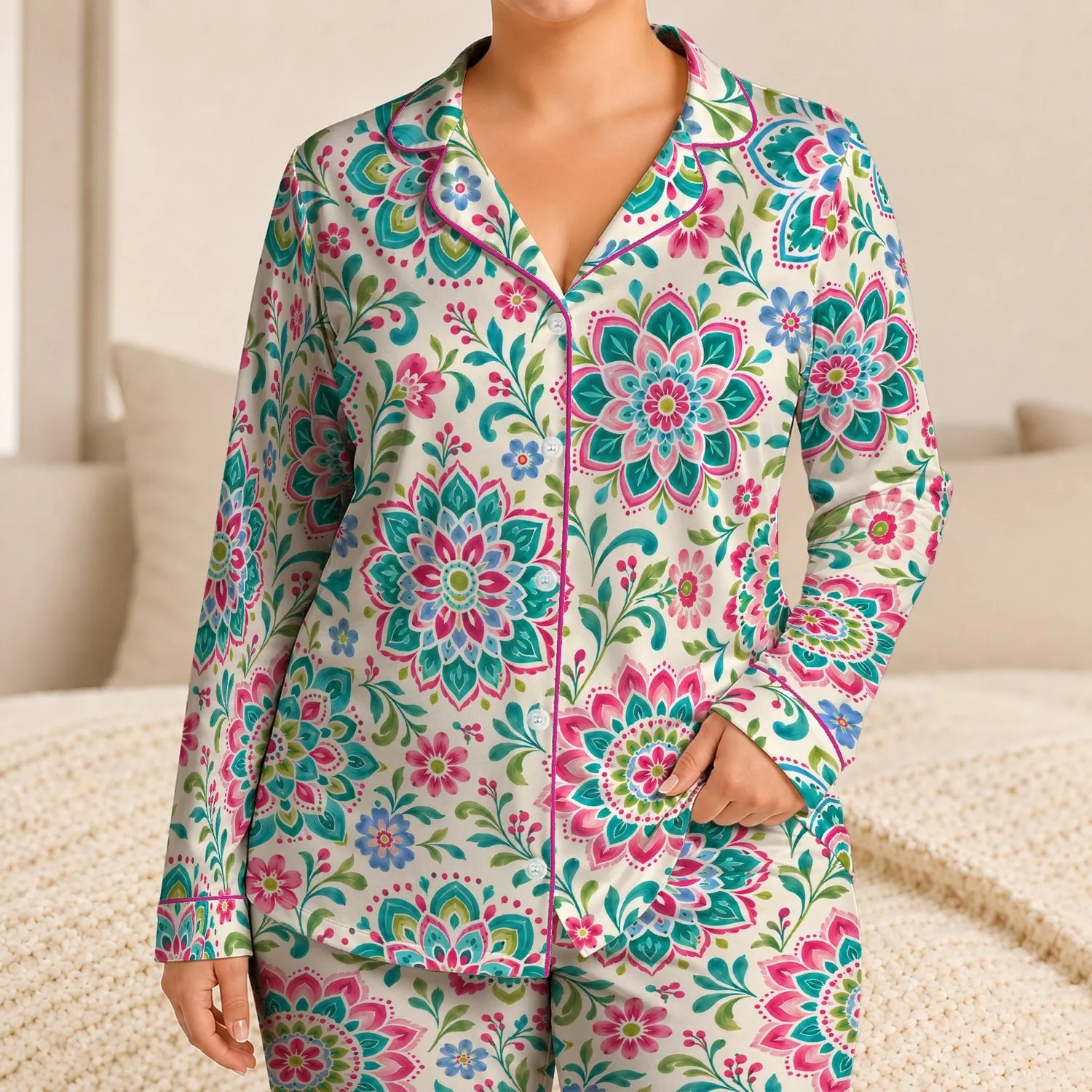 Colorful Mandala and Floral Motifs for Cozy Weekend Lounging and Relaxed Evenings Satin Pajamas Set - 1