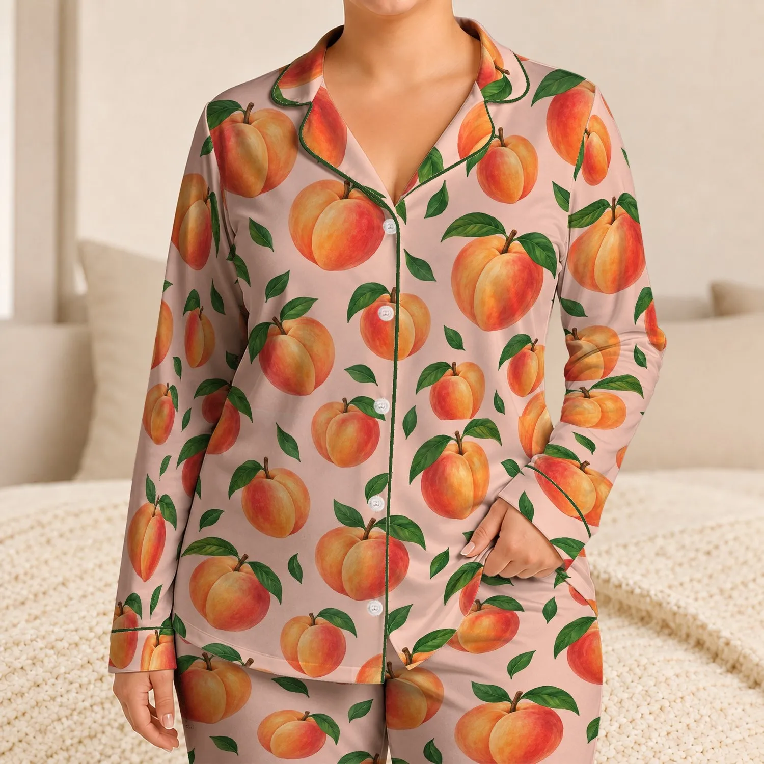 Fresh Peach Fruit Motif for Cozy Lounging and Relaxed Weekend Mornings at Home Satin Pajamas Set - 1