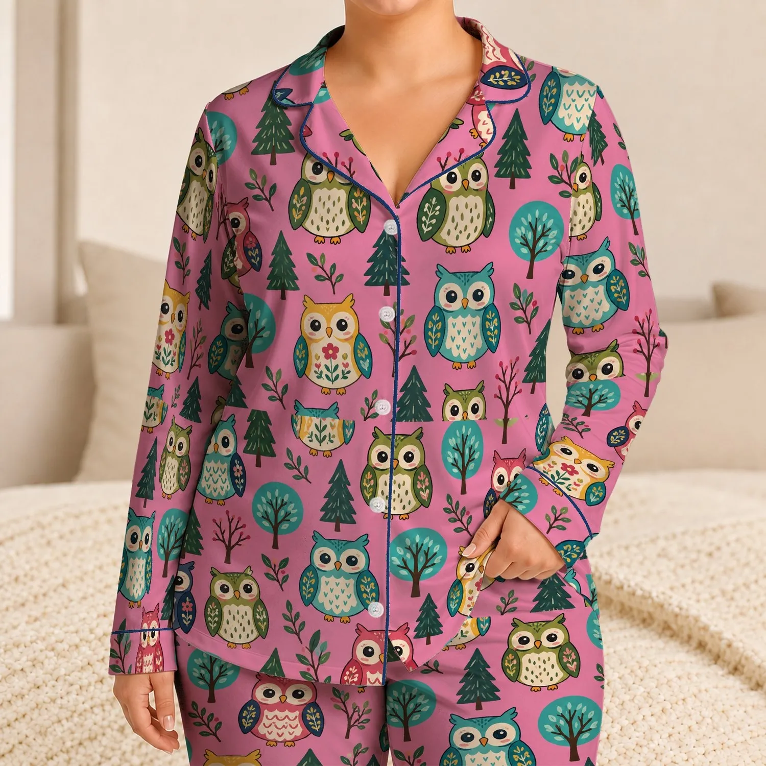 Whimsical Woodland Owls for Cozy Evenings and Relaxed Weekend Lounging Satin Pajamas Set - 1