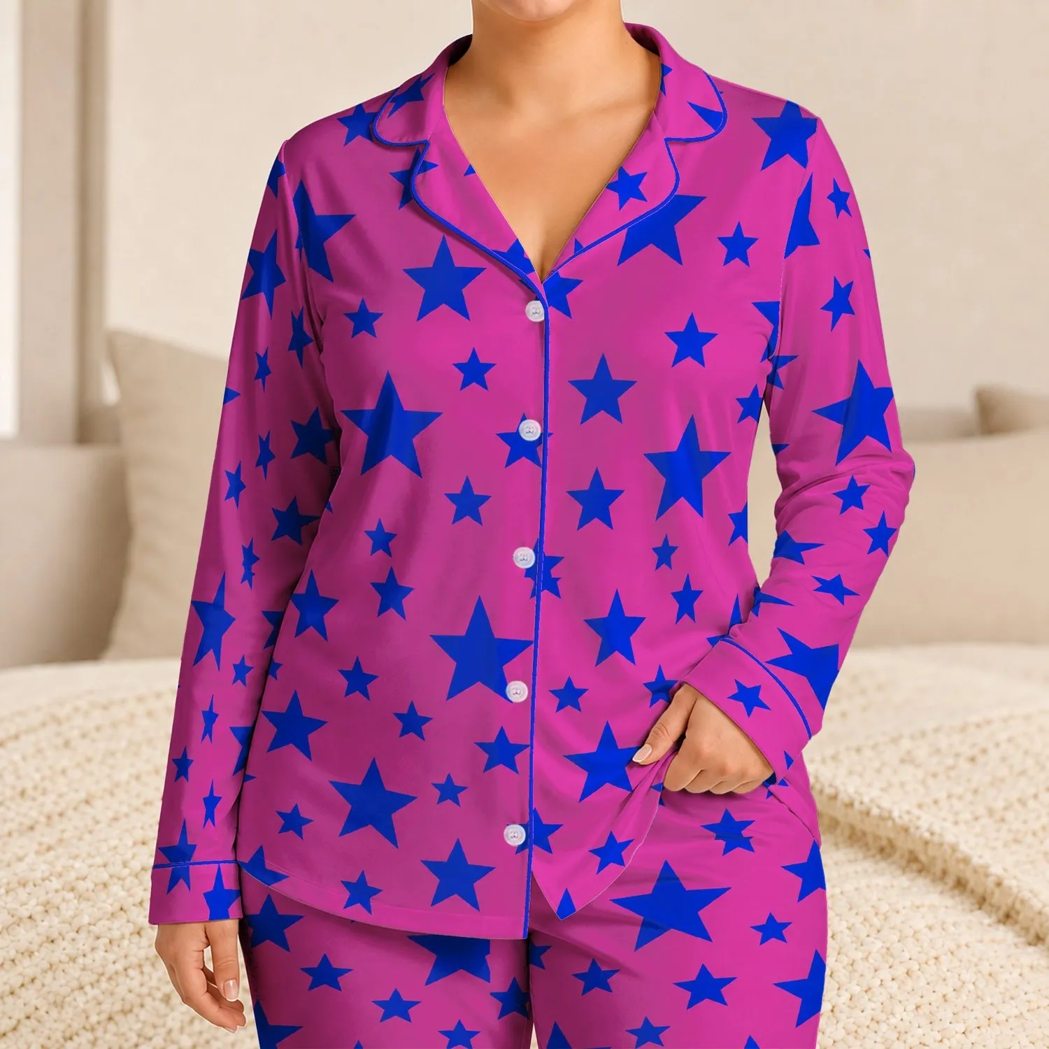 Bold Cobalt Stars on Fuchsia for Cozy Weekend Lounging and Relaxed Evenings at Home Satin Pajamas Set - 1