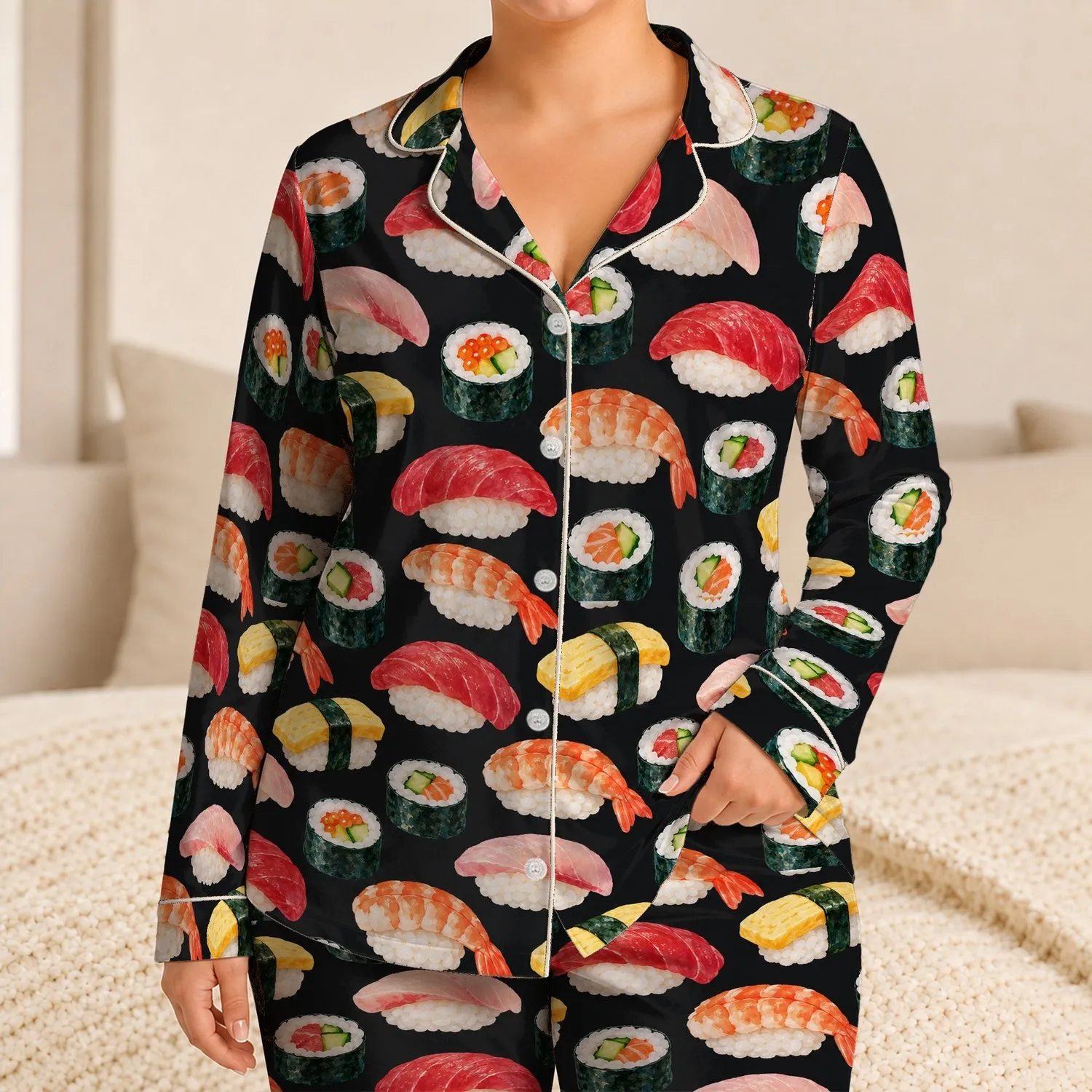 Watercolor Sushi and Seafood for Cozy Foodie Nights and Relaxed Weekends Satin Pajamas Set - 1