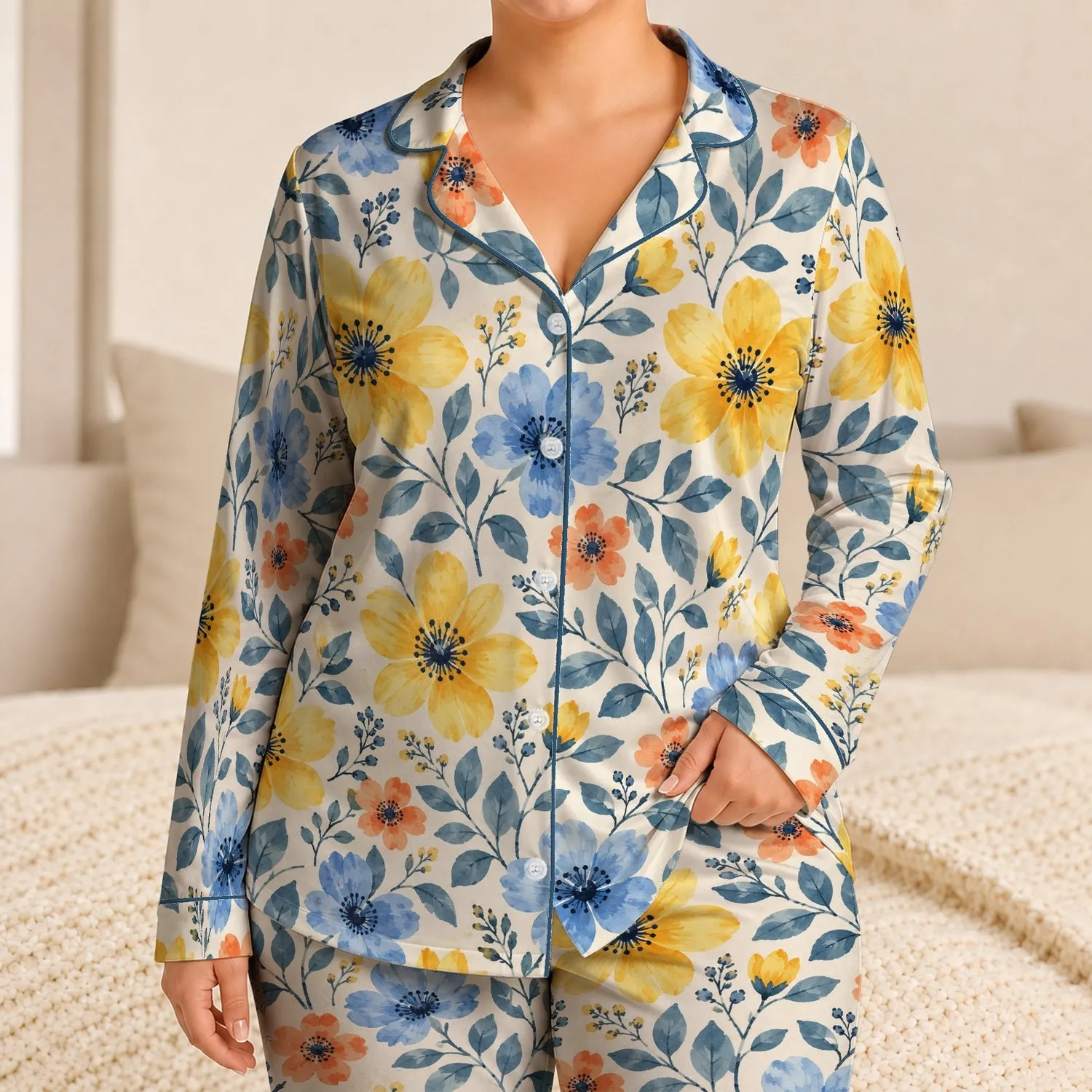 Watercolor Wildflowers for Relaxed Evenings and Cozy Weekend Lounging at Home for Her Satin Pajamas Set - 1