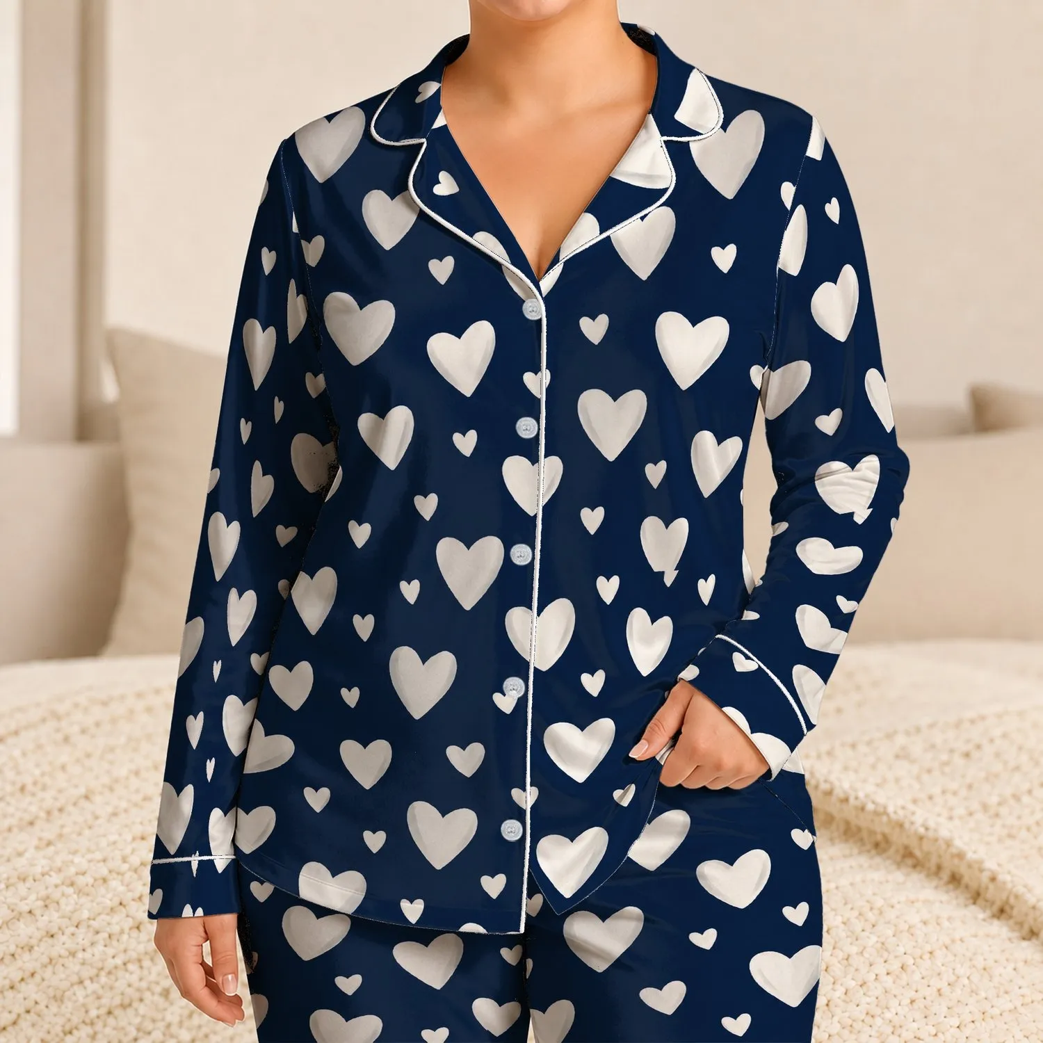 Ivory Heart Motifs for Cozy Valentine's Evening Lounging and Romantic Gift Giving Satin Pajamas Set - 1
