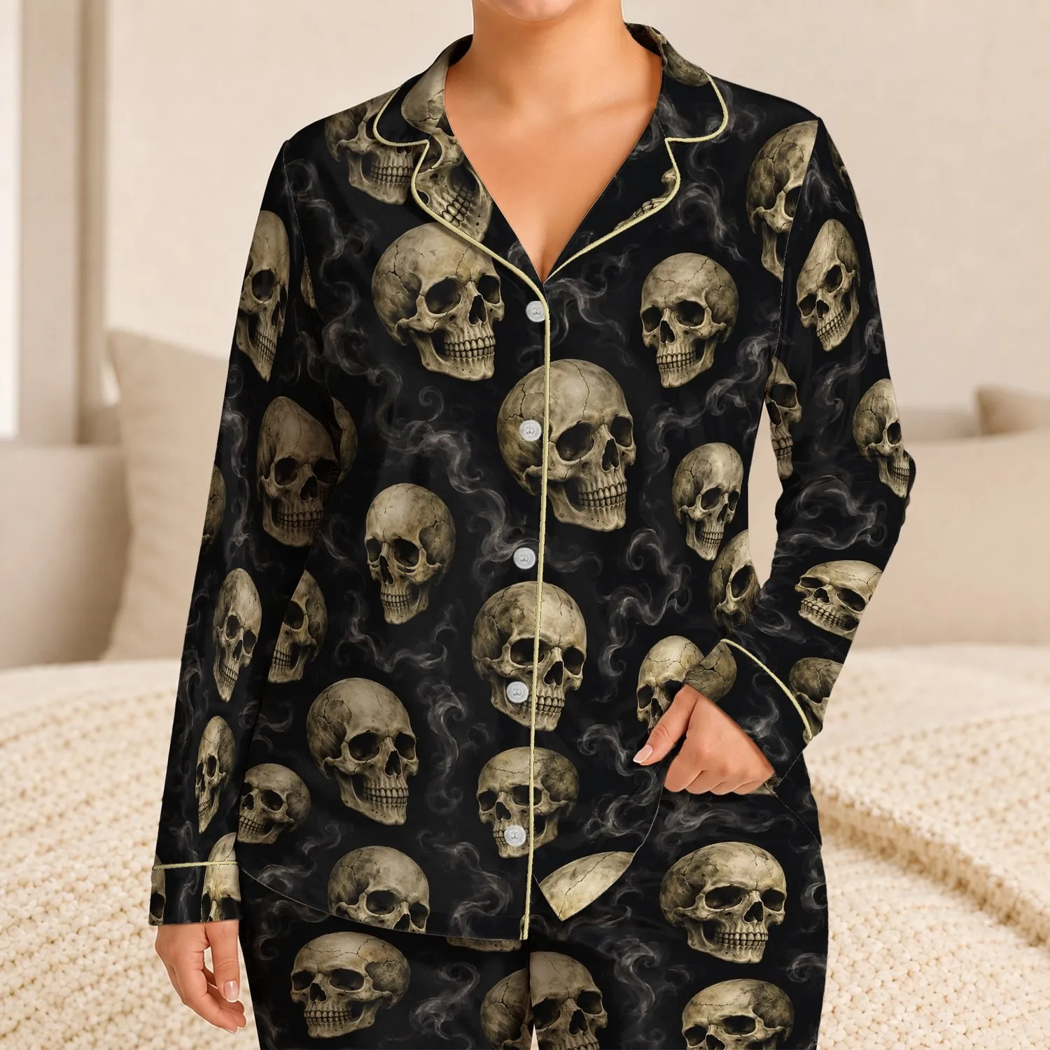 Antique Ivory Skulls for Cozy Gothic Lounging and Halloween Nights Satin Pajamas Set - 1