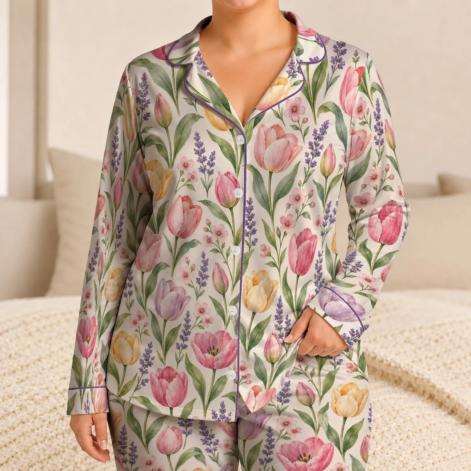 Pastel Tulips and Lavender for Relaxed Springtime Lounging and Cozy Mornings Satin Pajamas Set - 1