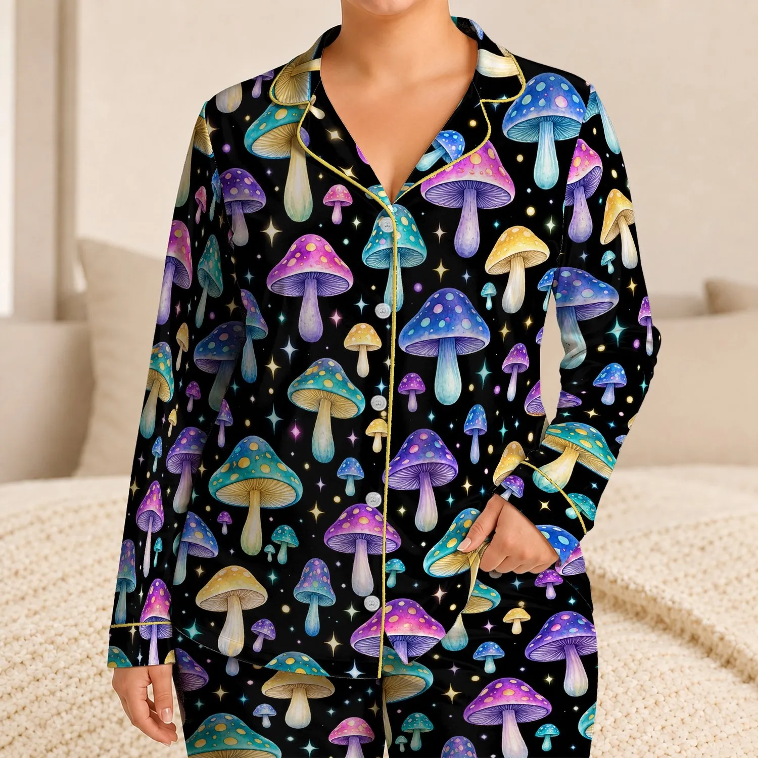 Glowing Fantasy Mushrooms for Cozy Nights, Dreamy Cottagecore Gift for Her Satin Pajamas Set - 1