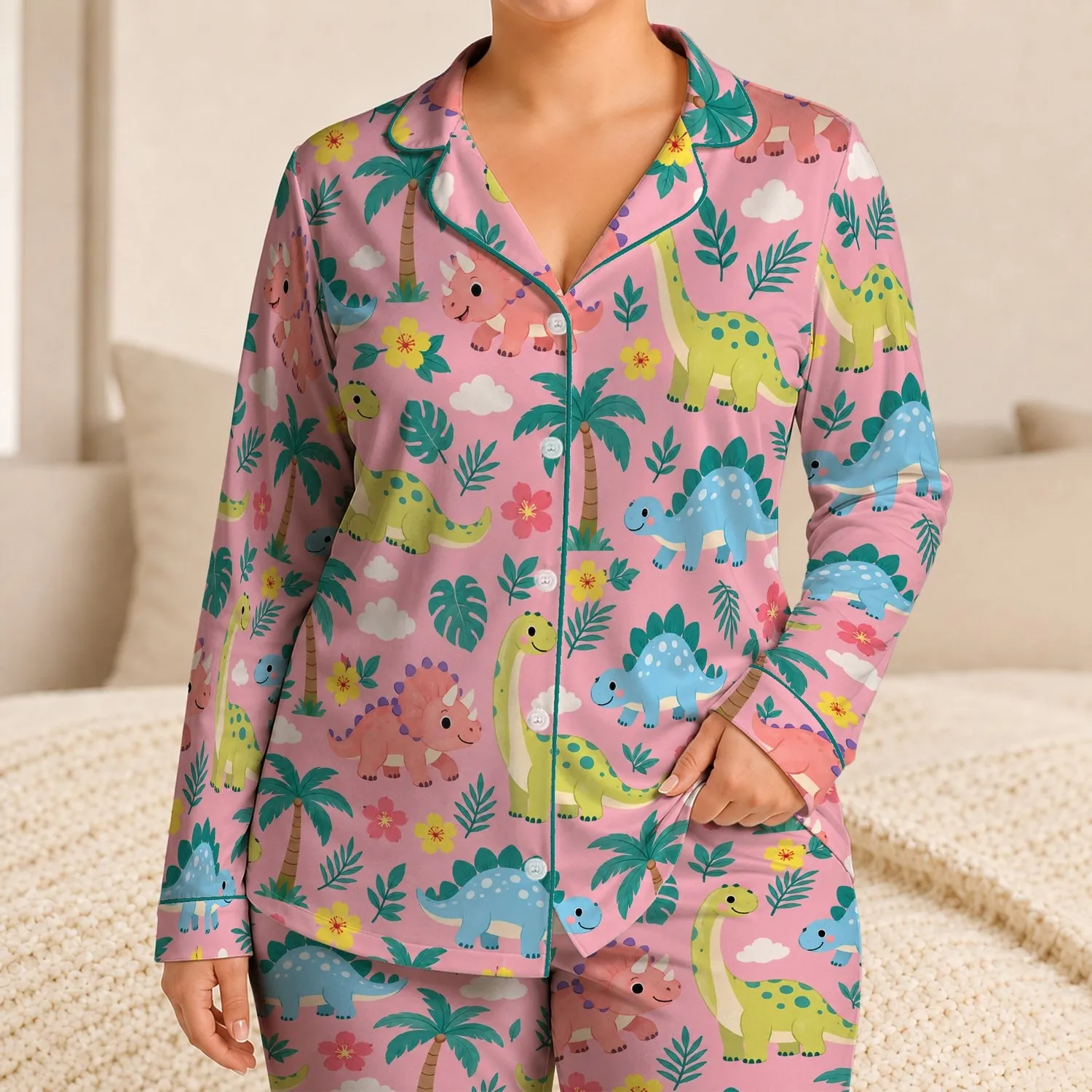 Friendly Tropical Dinosaurs for Cozy Nights and Playful Weekend Lounging at Home Satin Pajamas Set - 1