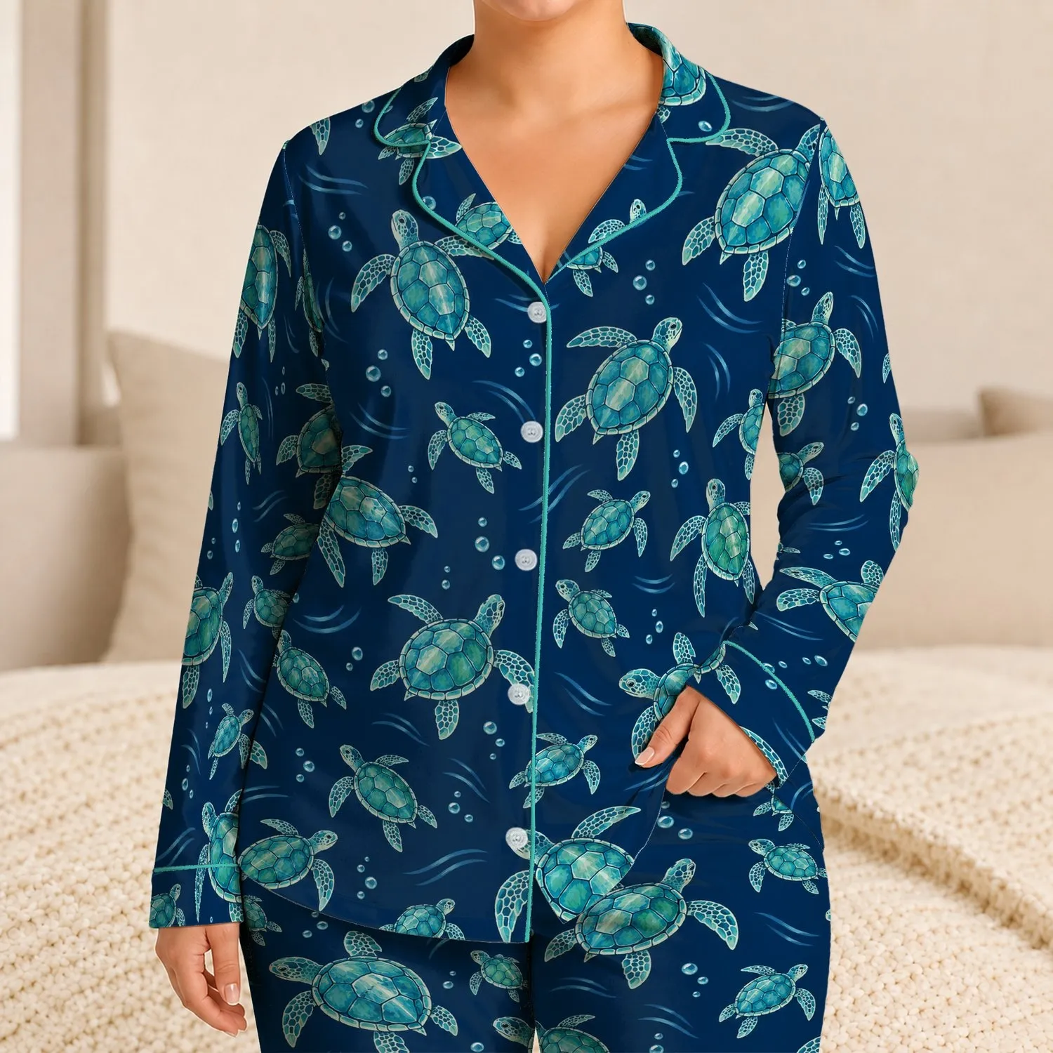 Turquoise Sea Turtles for Cozy Coastal Evenings and Relaxed Beach Getaways Satin Pajamas Set - 1