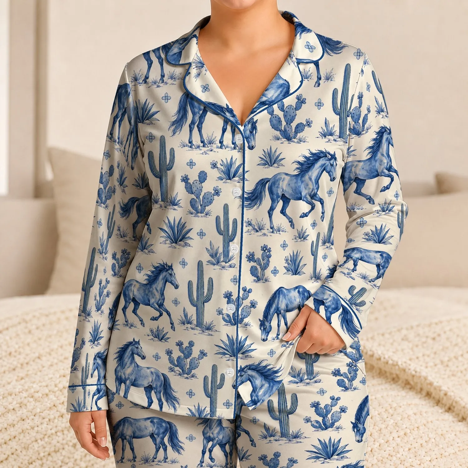 Cobalt Wild Horse And Desert Cactus Motifs For Relaxed Western Evenings Satin Pajamas Set - 1