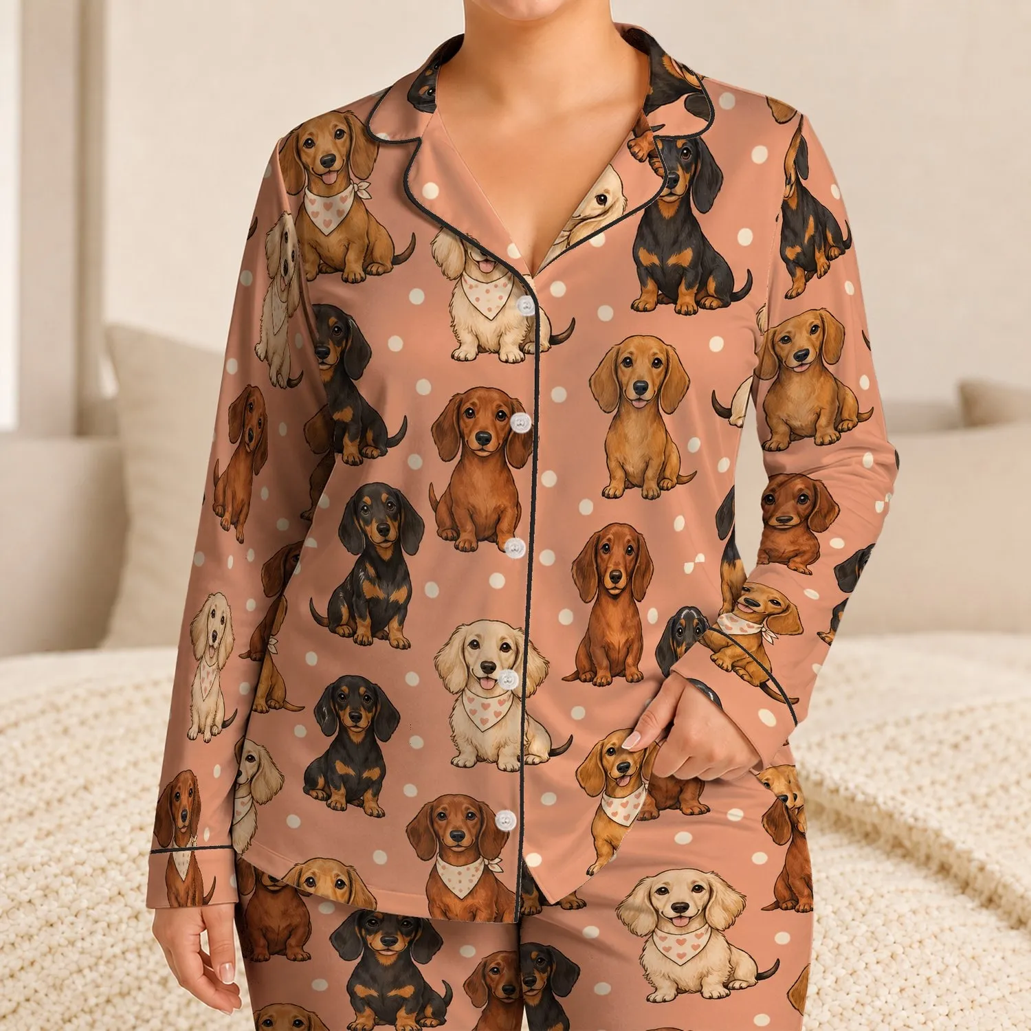 Dachshund Puppy Companions for Cozy Weekend Lounging and Relaxed Home Evenings Satin Pajamas Set - 1