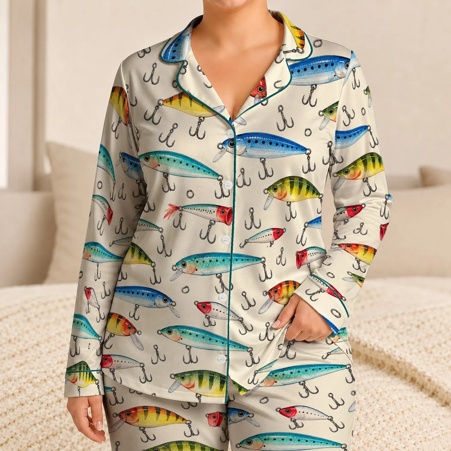 Colorful Fishing Lures for Cozy Weekend Lounging and Relaxed Anglers Satin Pajamas Set - 1