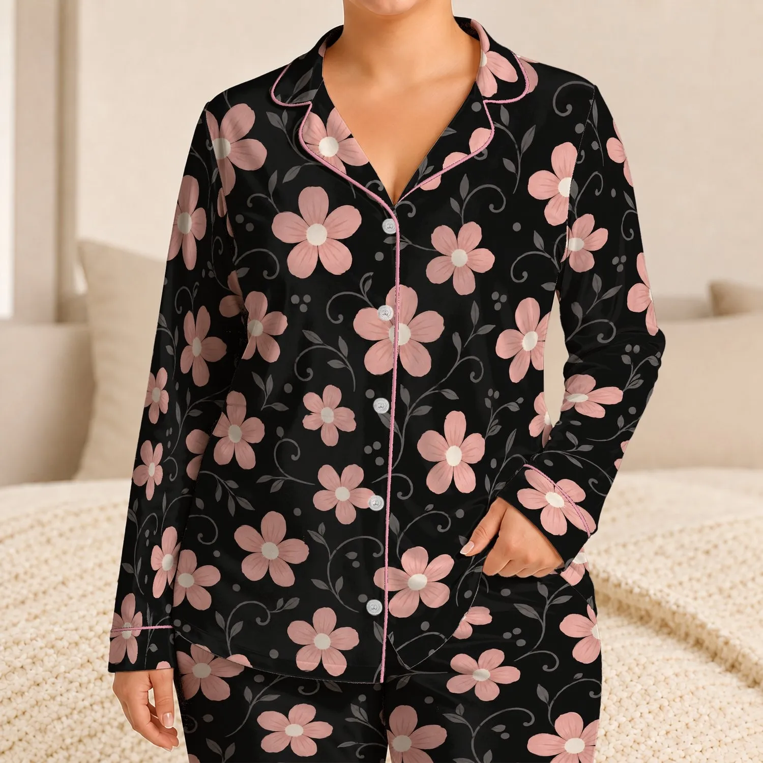 Pink Daisy Blooms for Cozy Evenings and Relaxed Nights, A Sweet Gift for Her at Home Satin Pajamas Set - 1