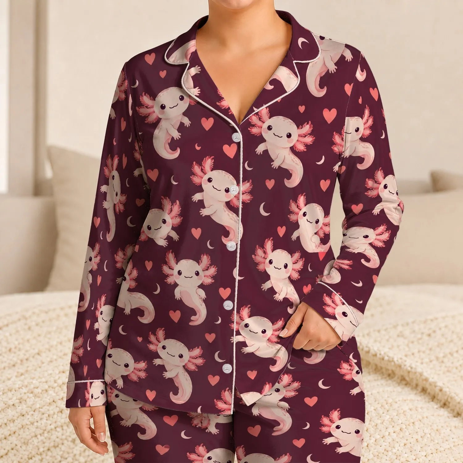 Cute Axolotl and Heart Motifs for Cozy Evenings and Relaxed Weekend Lounging at Home Satin Pajamas Set - 1