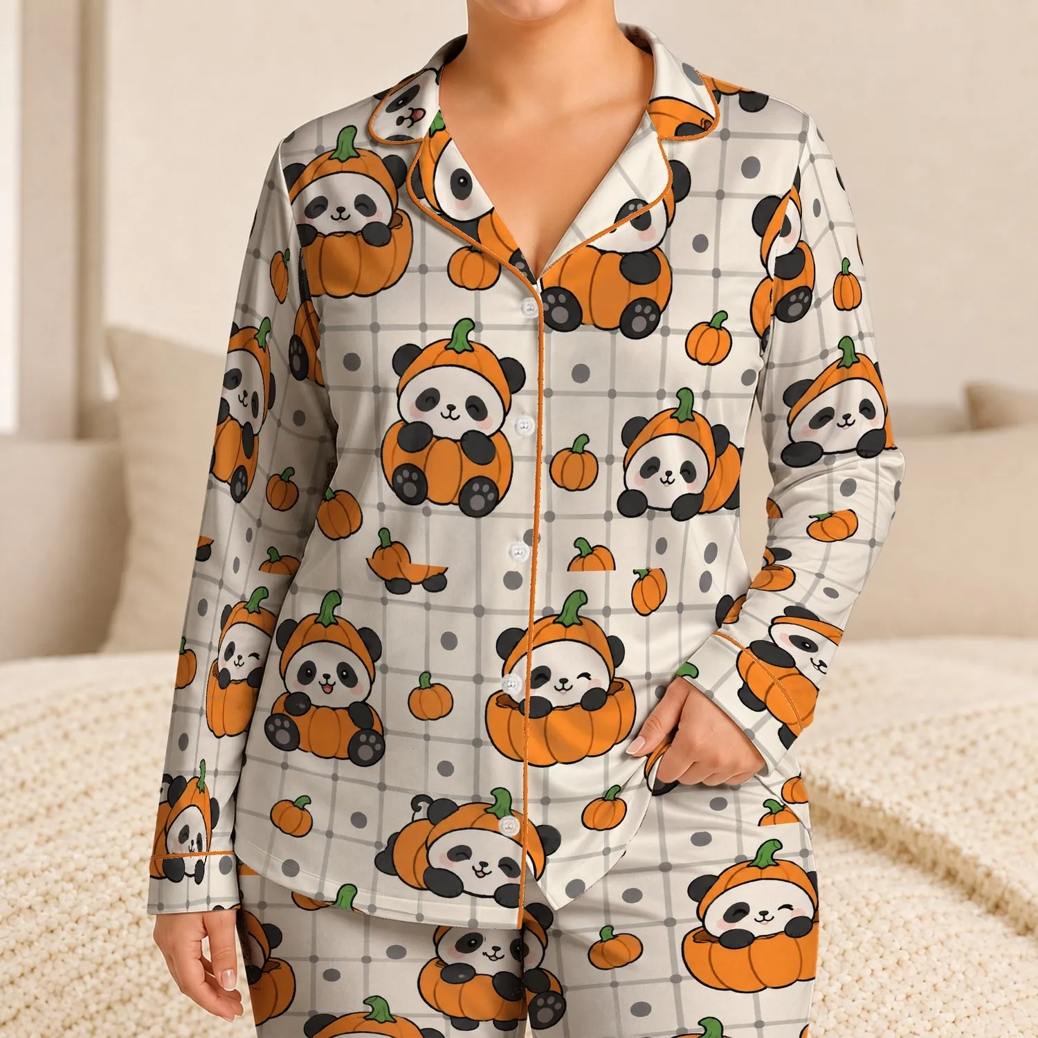 Cute Pumpkin-Costumed Panda Characters for Cozy Autumn Lounging and Relaxing at Home Satin Pajamas Set - 1