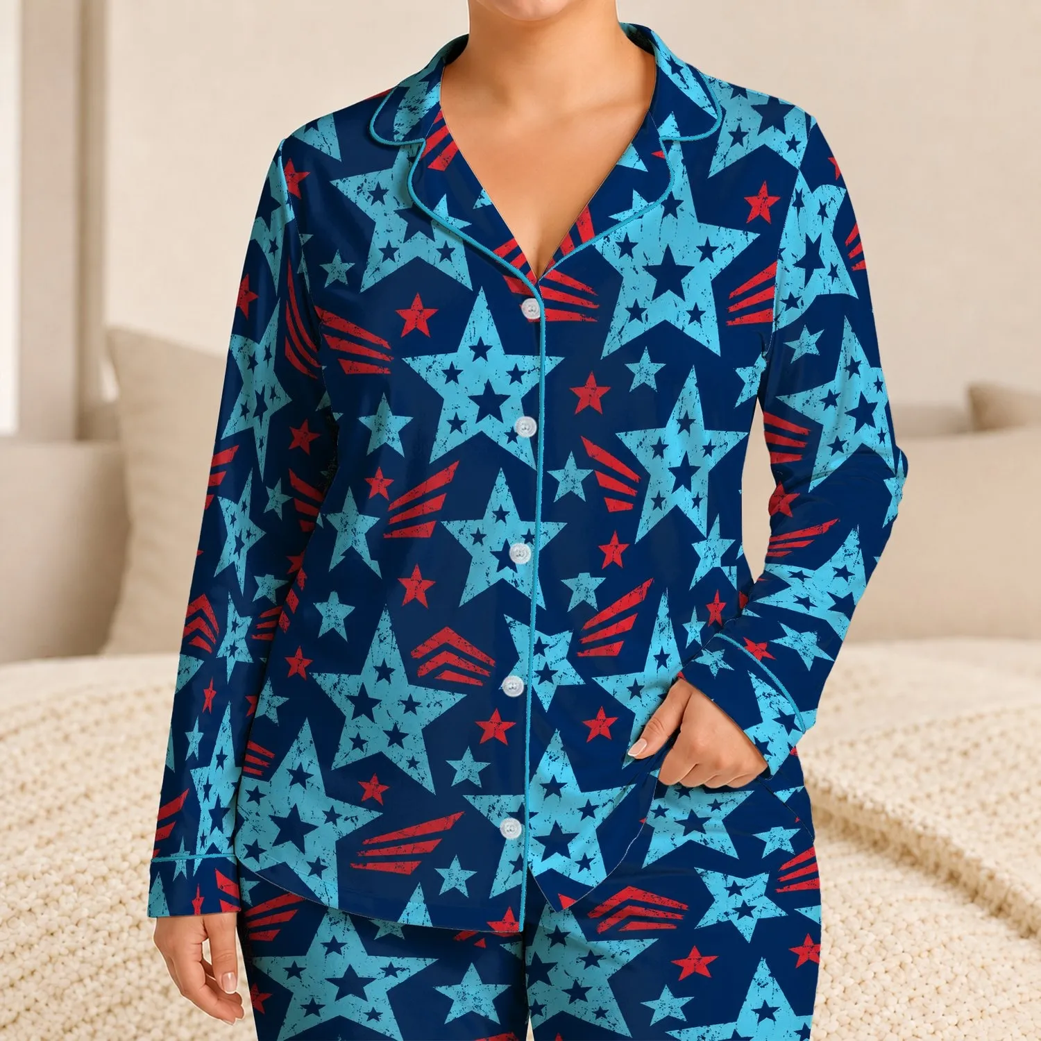Patriotic Stars and Bold Red Stripes for Cozy Fourth of July Holiday Lounging Satin Pajamas Set - 1