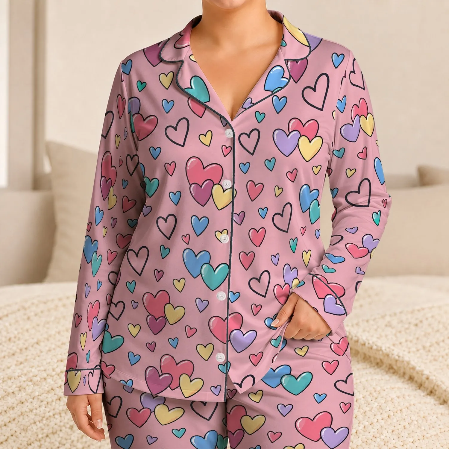 Colorful Cartoon Hearts for Cozy Lounging and Sweet Valentine Moments Satin Pajamas Set - 1
