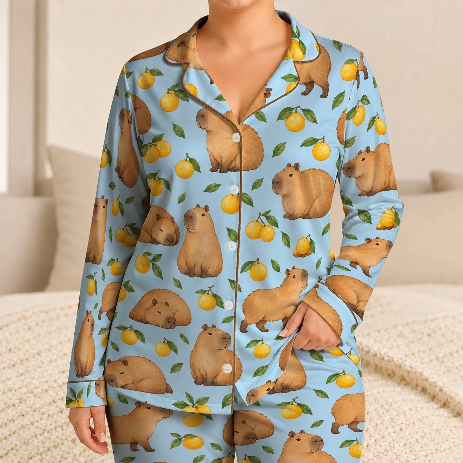 Cute Capybara and Citrus Motifs for Cozy Lounging and Relaxed Weekend Morning Comfort Satin Pajamas Set - 1