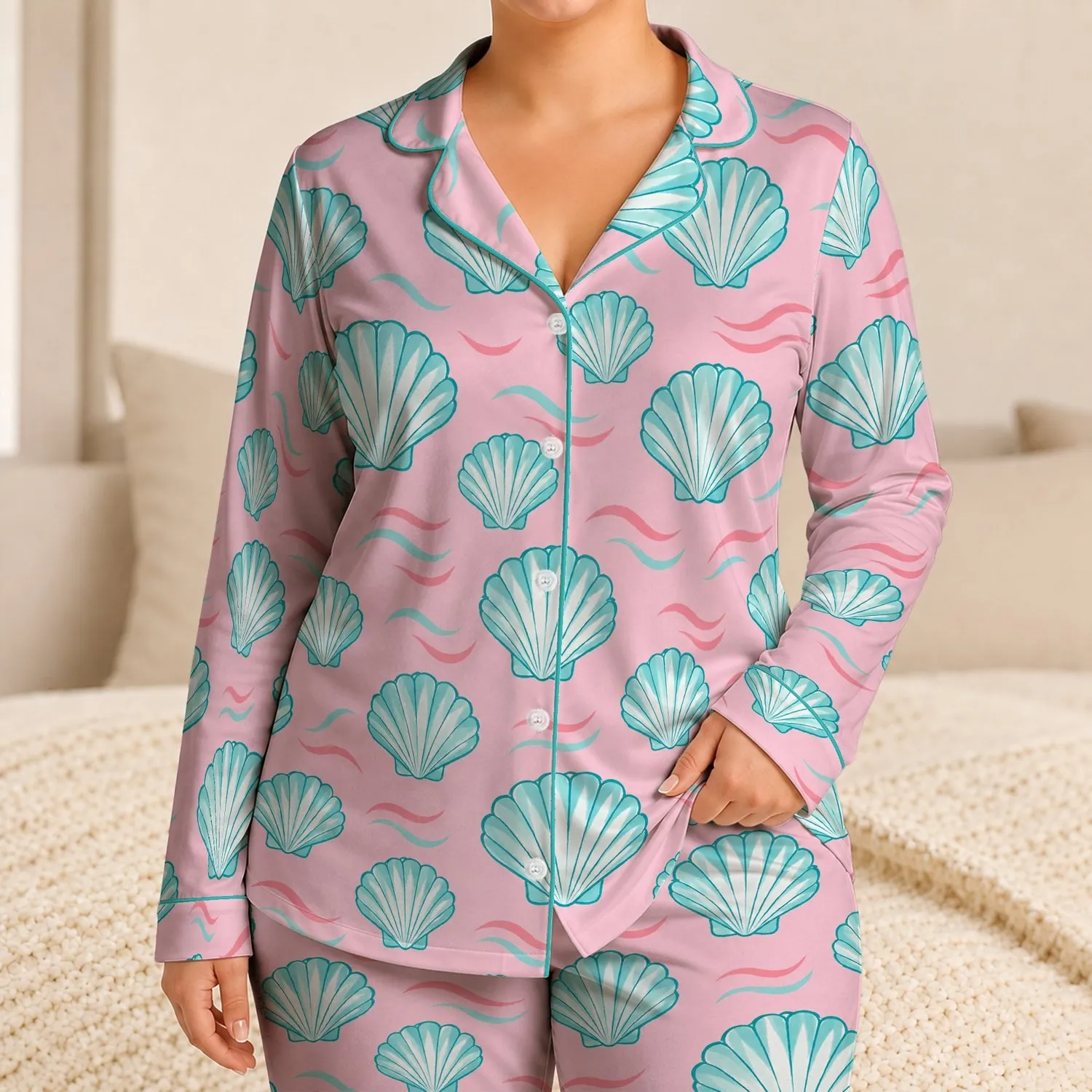 Aqua Scallop Shells on Macaron Pink for Relaxed Seaside Vacation and Island Getaways Satin Pajamas Set - 1