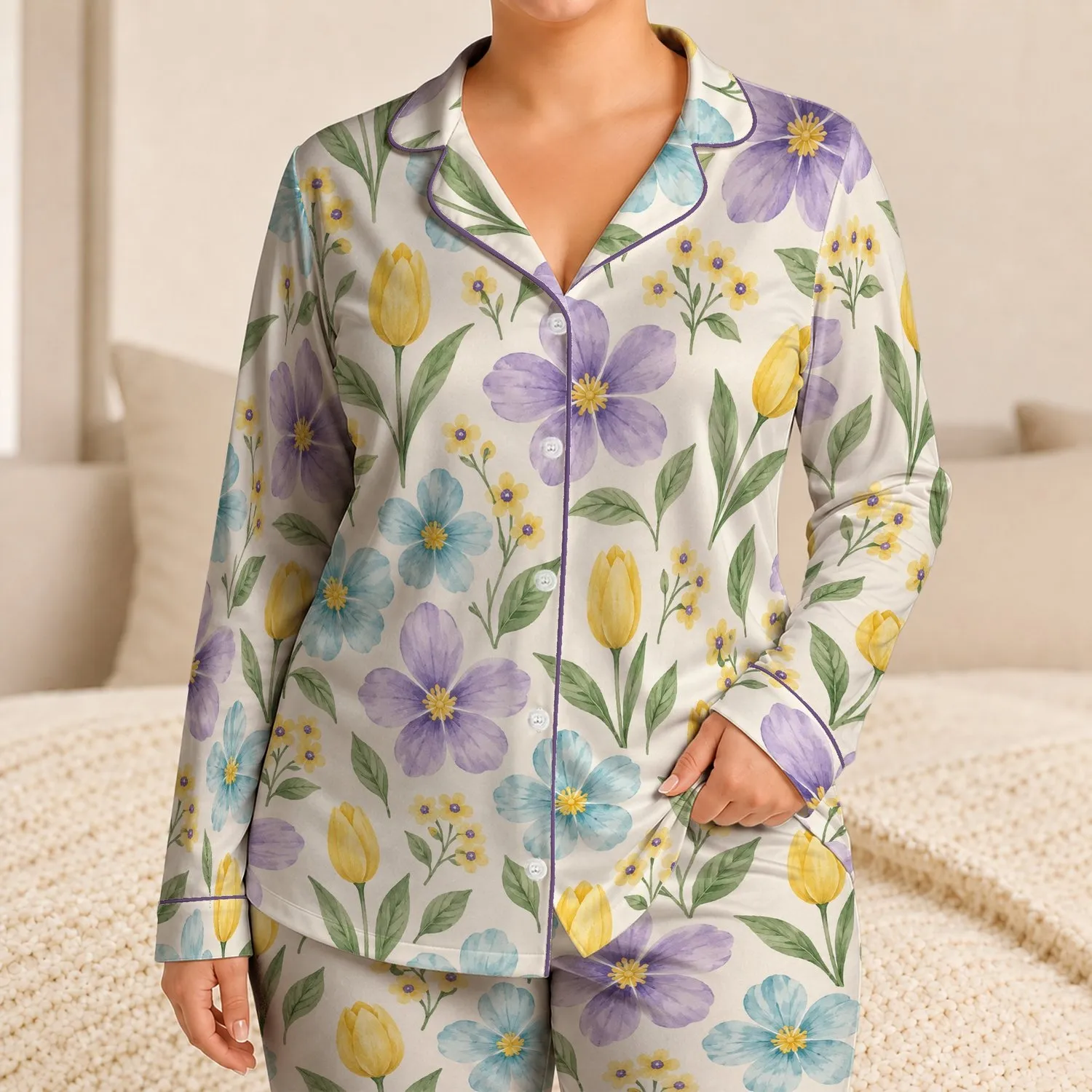 Lavender Tulip And Wildflower Blooms For Cozy Springtime Lounging Satin Pajamas Set - 1