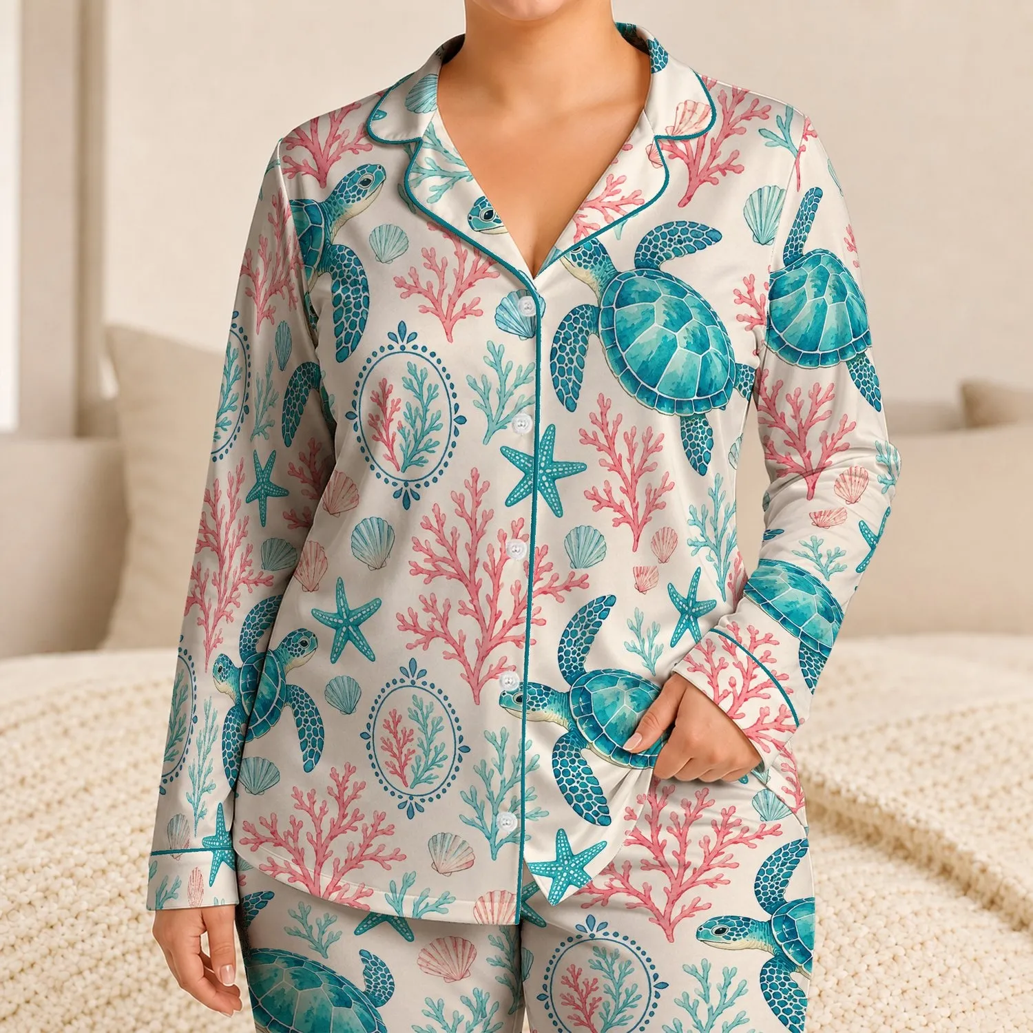 Sea Turtle Coral Reef Motifs for Relaxed Coastal Evenings and Beach Lovers Satin Pajamas Set - 1