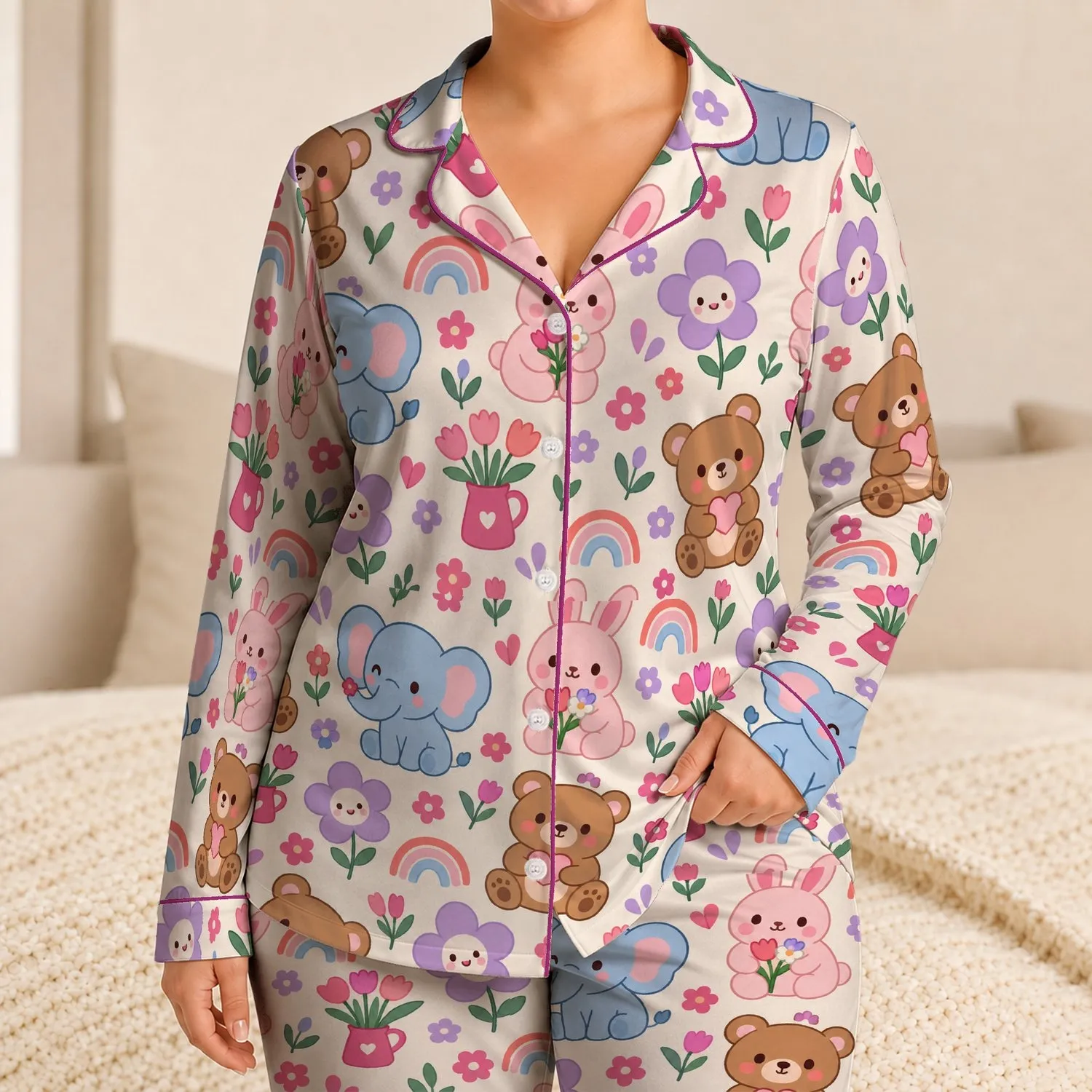 Kawaii Teddy Bear Bunny And Elephant Garden For Cozy Weekend Lounging Satin Pajamas Set - 1