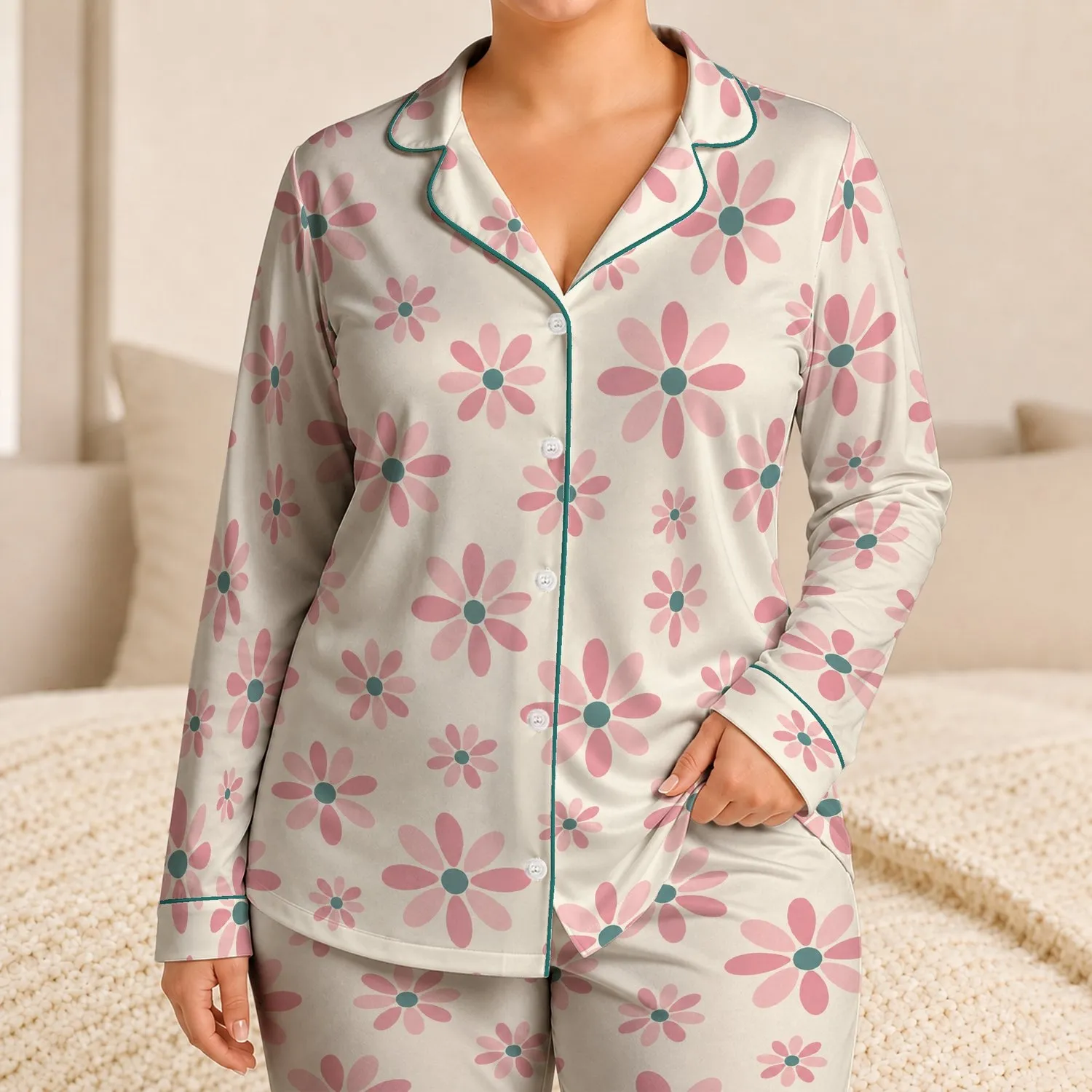 Macaron Pink Daisy Motifs for Cozy Spring Lounging and Relaxed Everyday Comfort at Home Satin Pajamas Set - 1