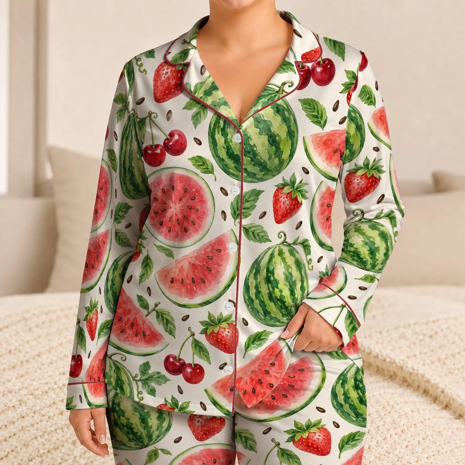 Watermelon Strawberry Cherry Fruit for Fresh Summer Lounging and Relaxed Days Satin Pajamas Set - 1