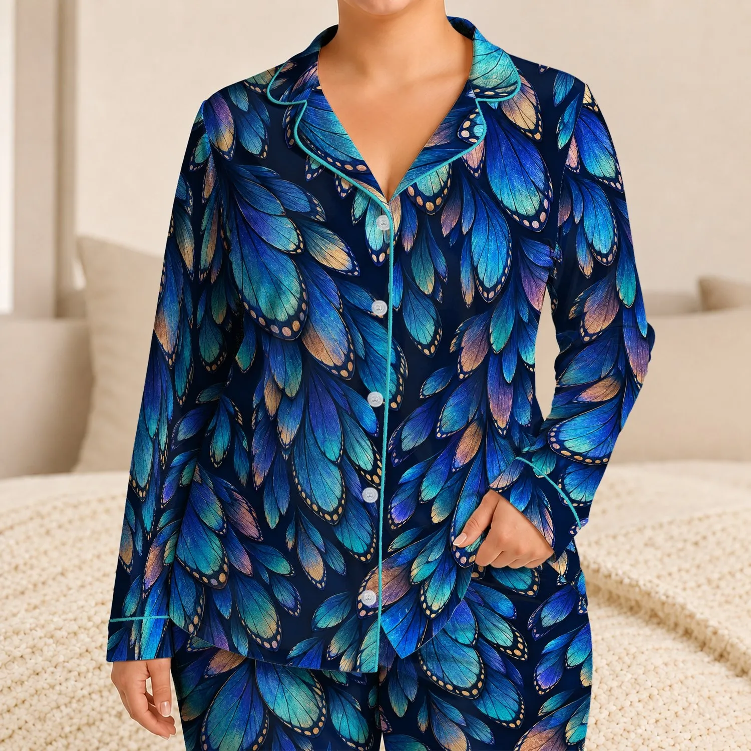 Iridescent Blue Wing Scales for Tropical Island Getaways and Relaxed Resort Style Satin Pajamas Set - 1