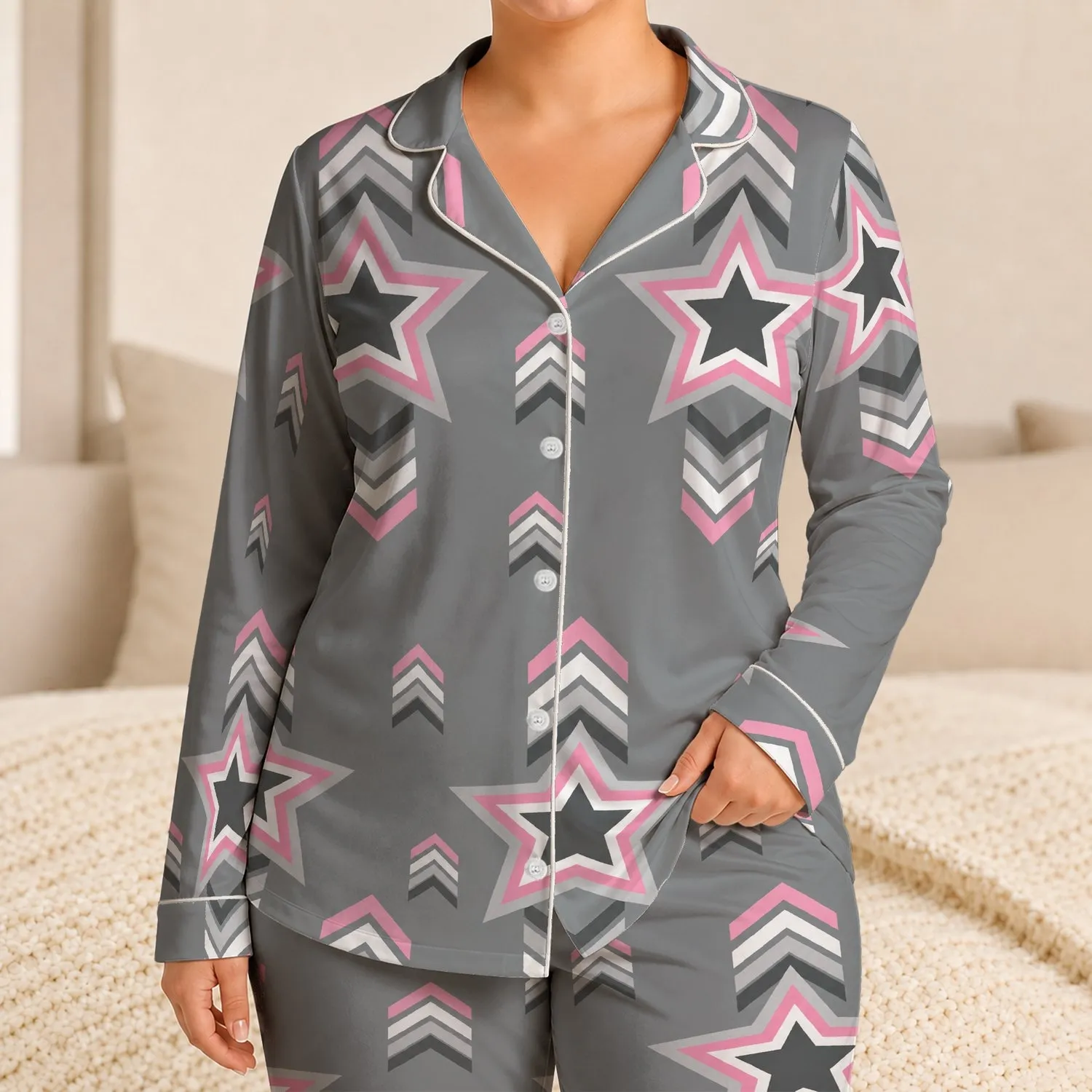 Y2K Pink Gray Star Chevron Style for Cozy Lounging and Relaxed Weekends Satin Pajamas Set - 1