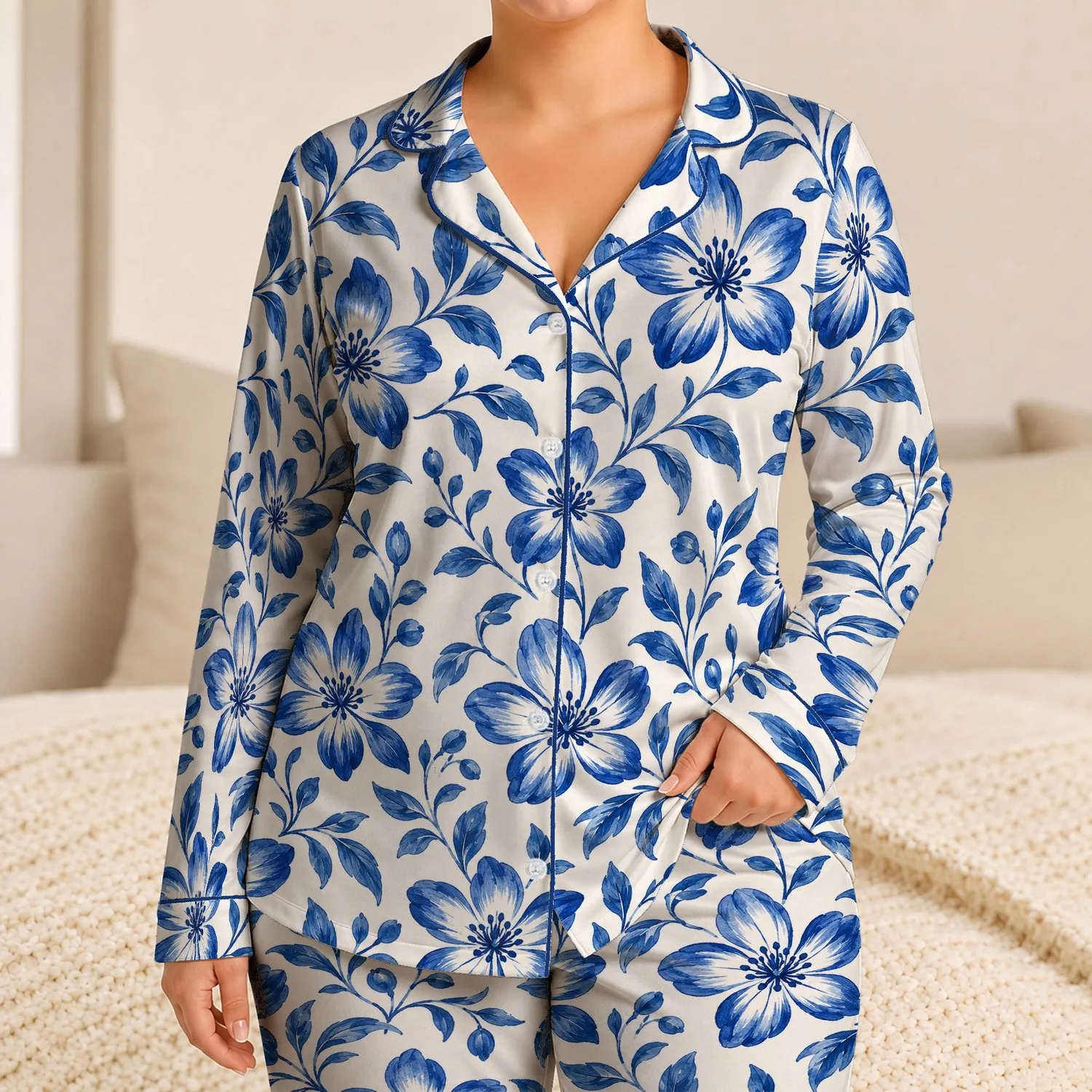 Blue Hand-Painted Floral Motifs for Island Getaways and Relaxed Summer Lounging Satin Pajamas Set - 1
