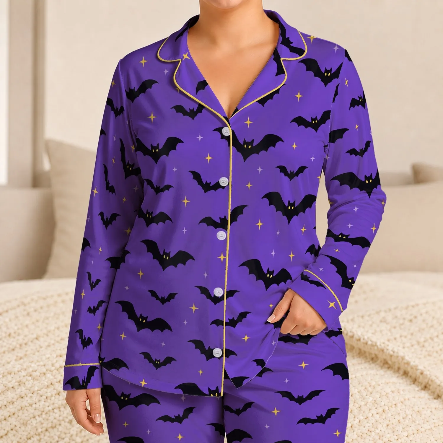 Playful Black Bats and Golden Stars for Cozy Halloween Nights Satin Pajamas Set - 1